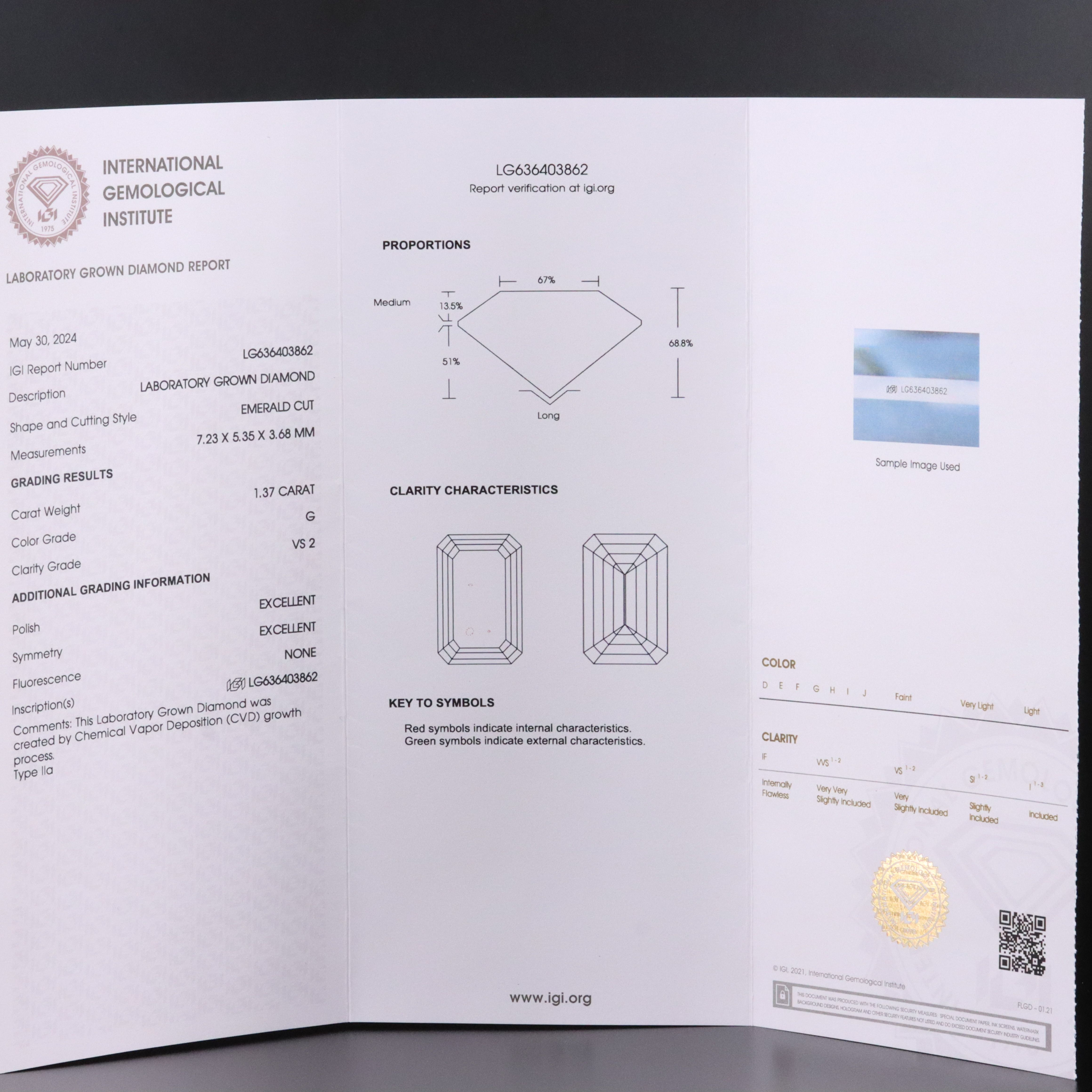 Loose 1.37 CT Lab Grown Diamond with IGI Report