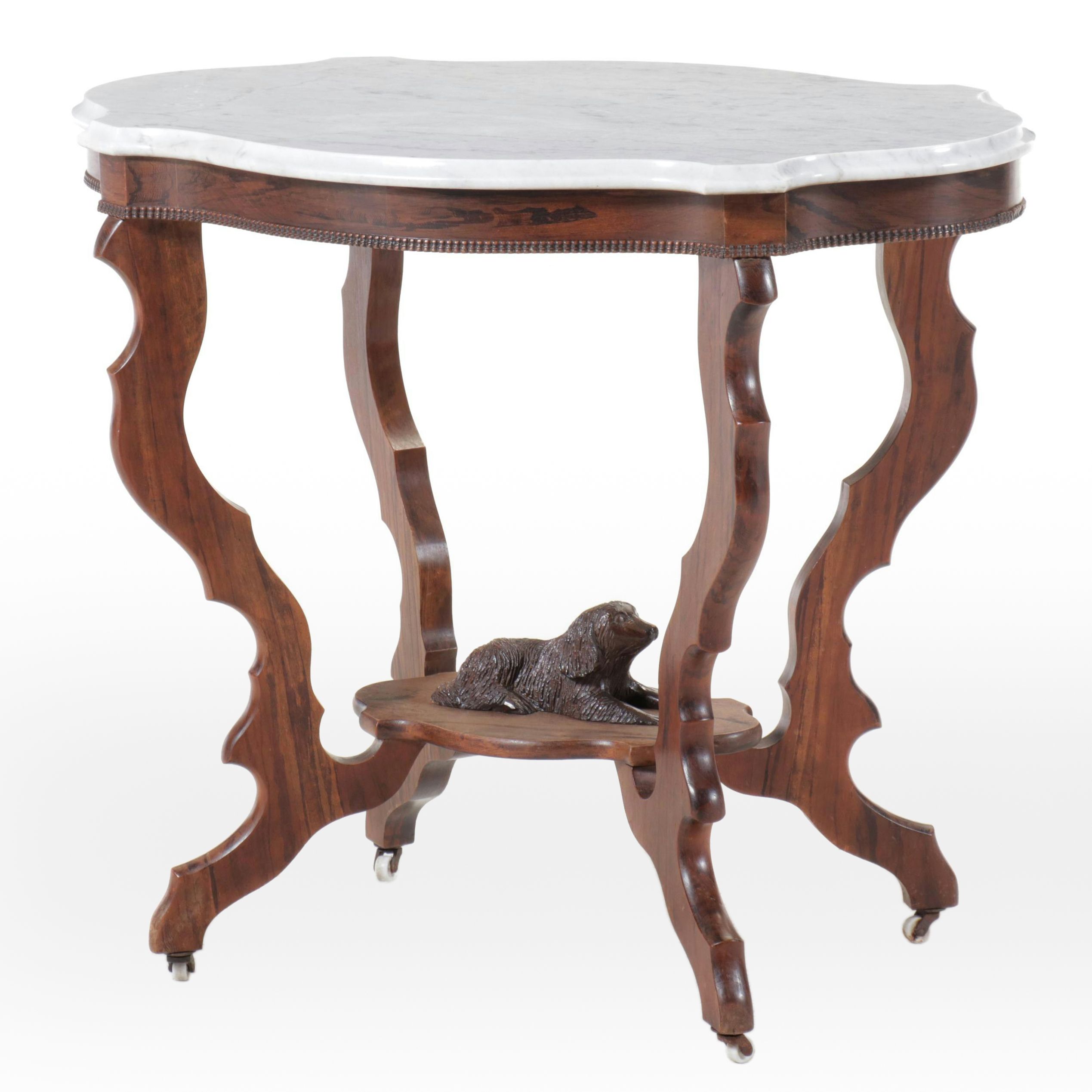 Victorian Carved Recumbent Dog Form Walnut Center Table with Marble Top
