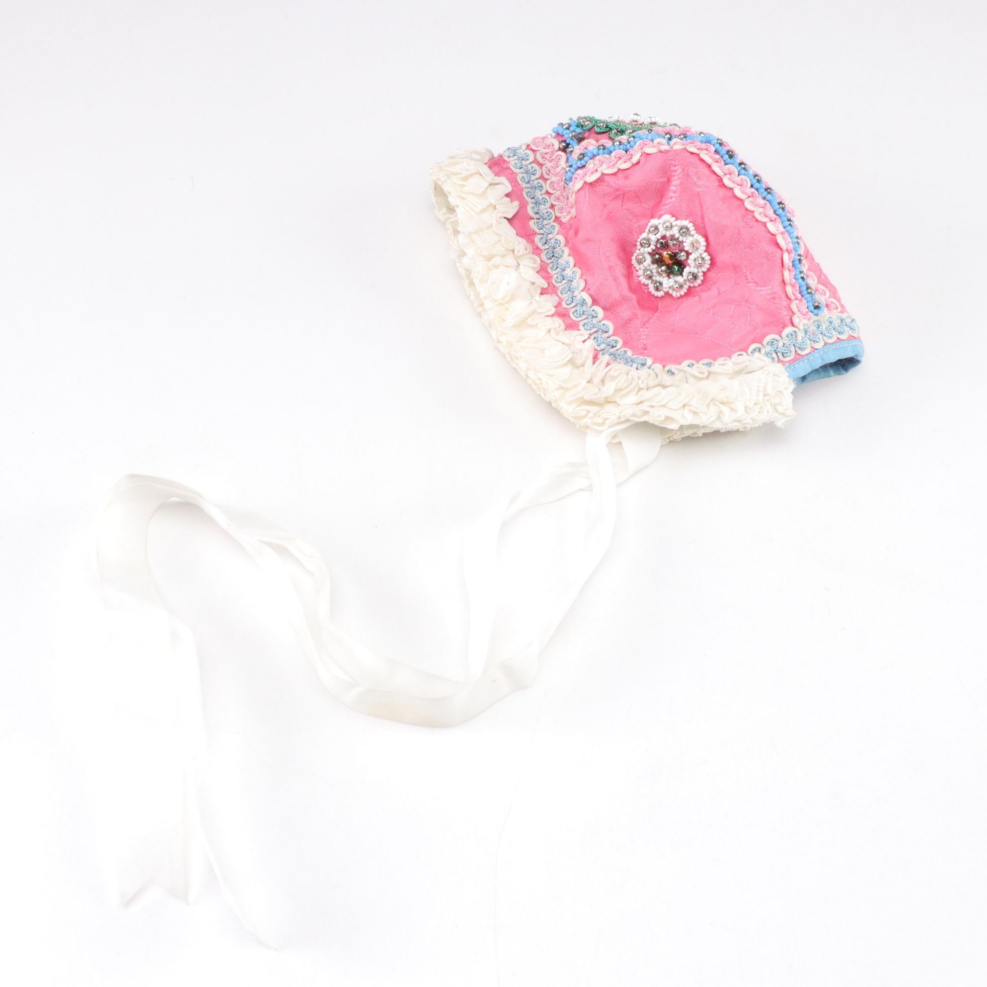 Basket Containing Silk Chinese Shoes, Baby Bonnet, Linens and More