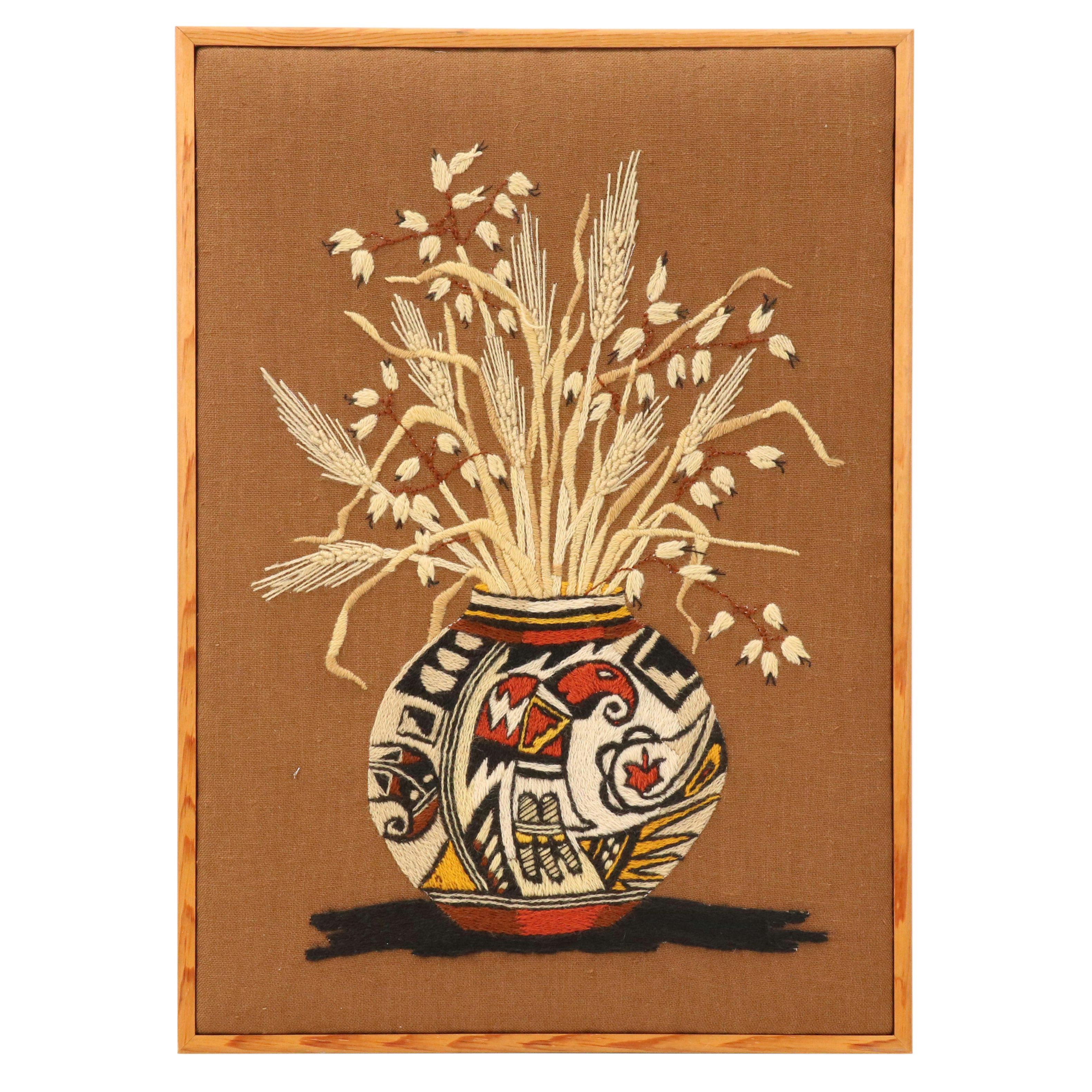 Handmade Crewel Embroidery of Panel Native American Olla with Dried Grasses