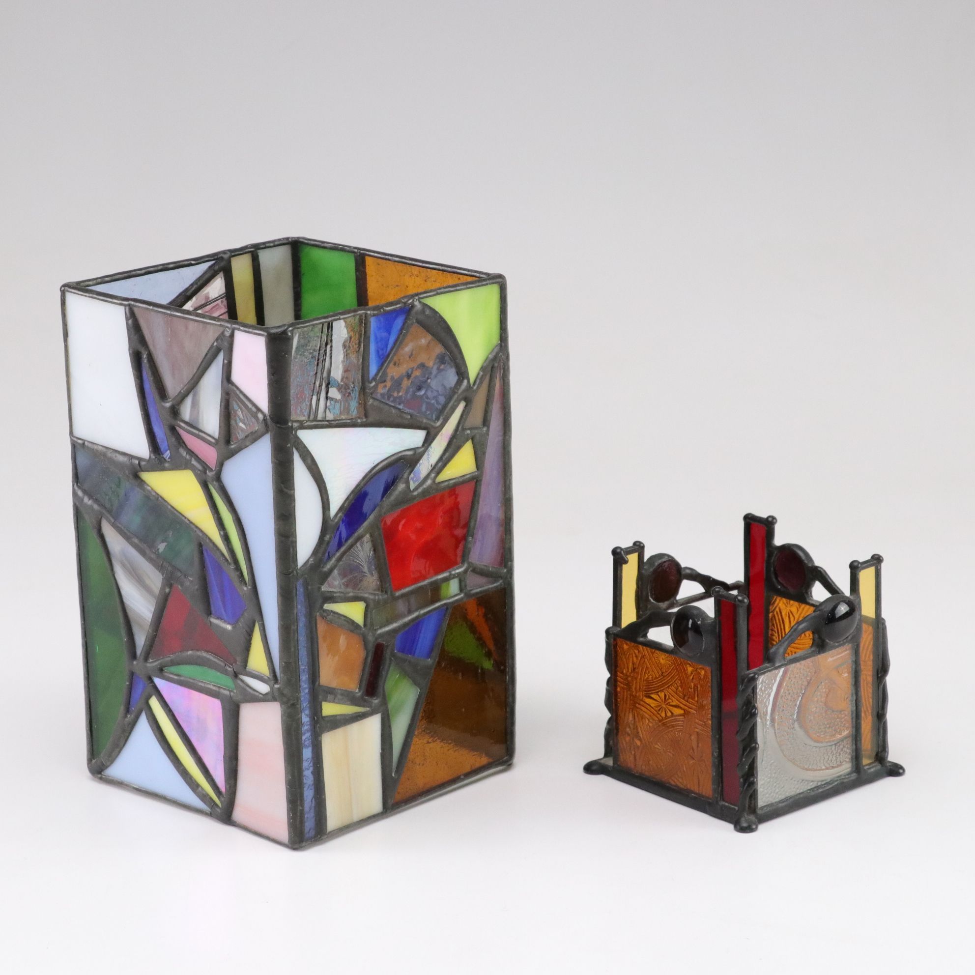 Stained Glass Square Candle Surround Paired With Stained Glass Votive Holder