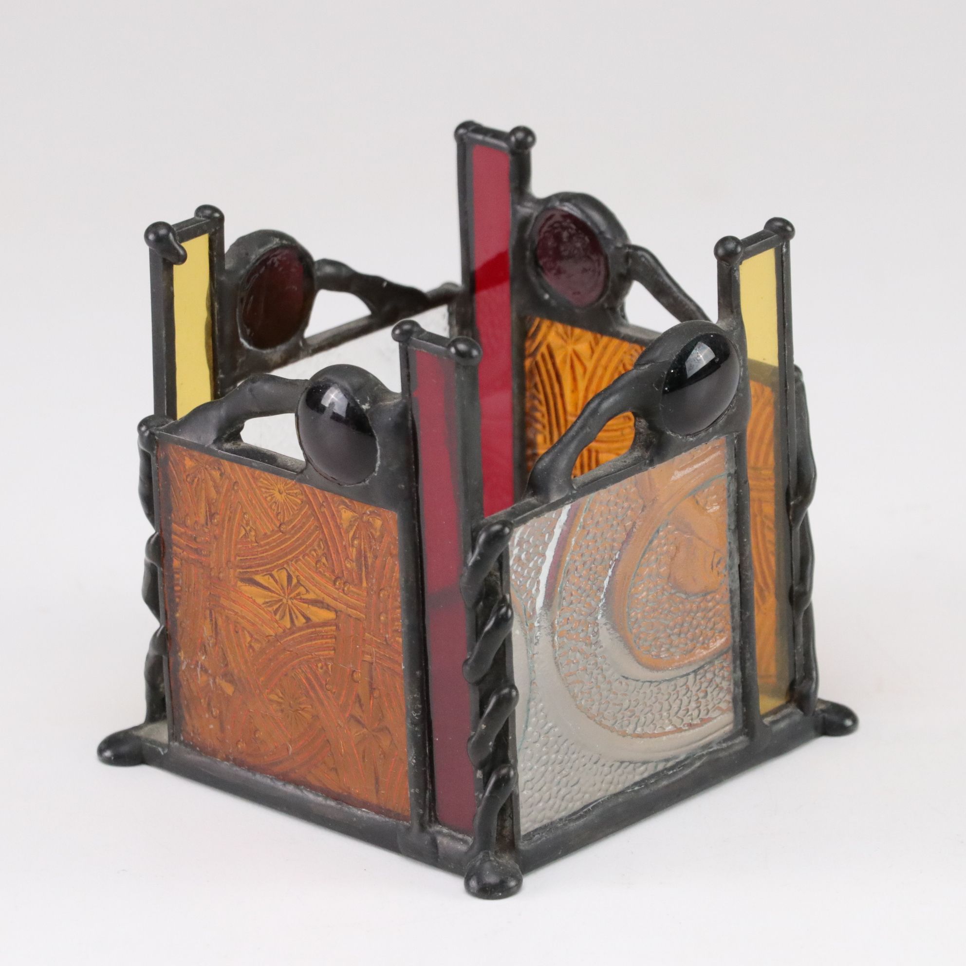 Stained Glass Square Candle Surround Paired With Stained Glass Votive Holder