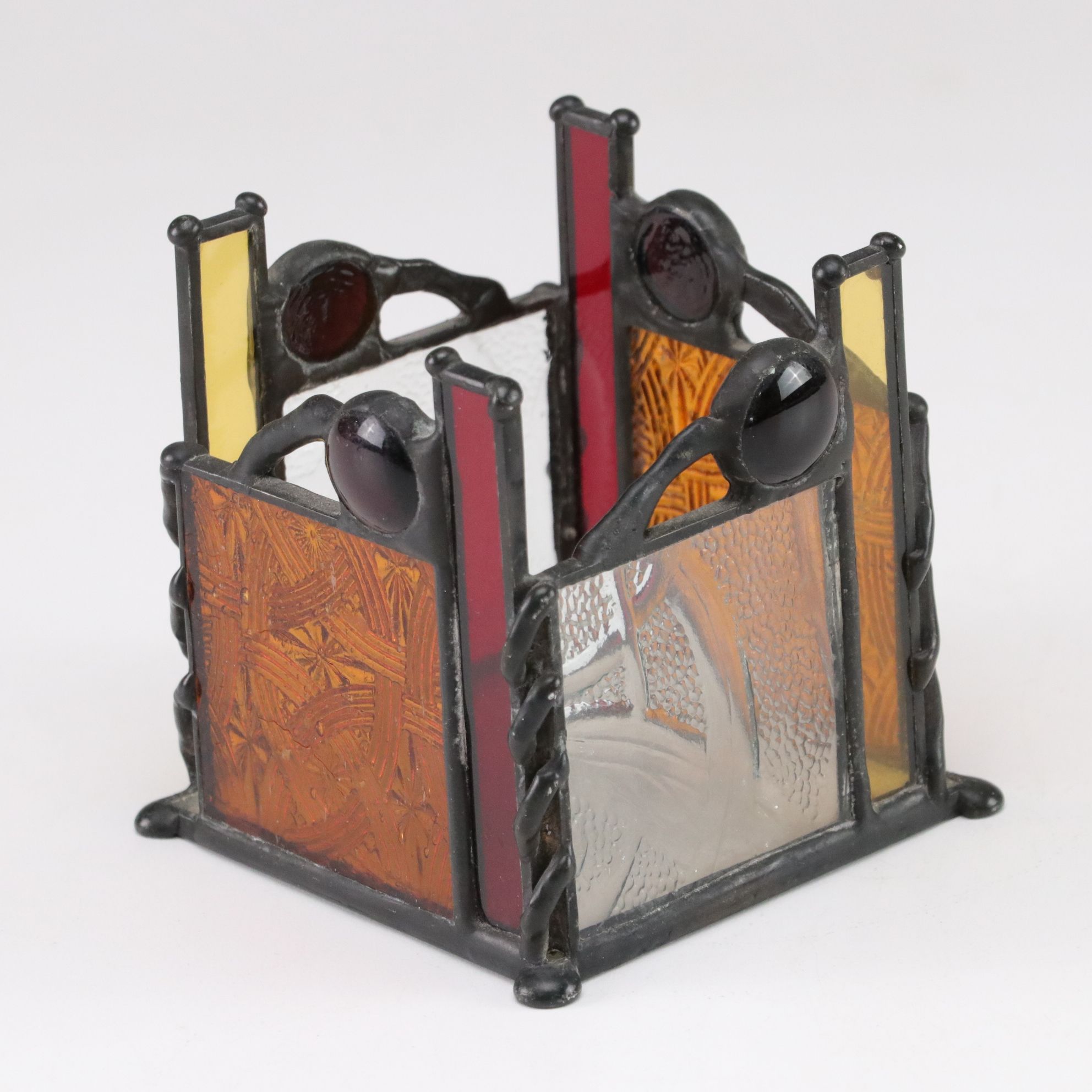 Stained Glass Square Candle Surround Paired With Stained Glass Votive Holder