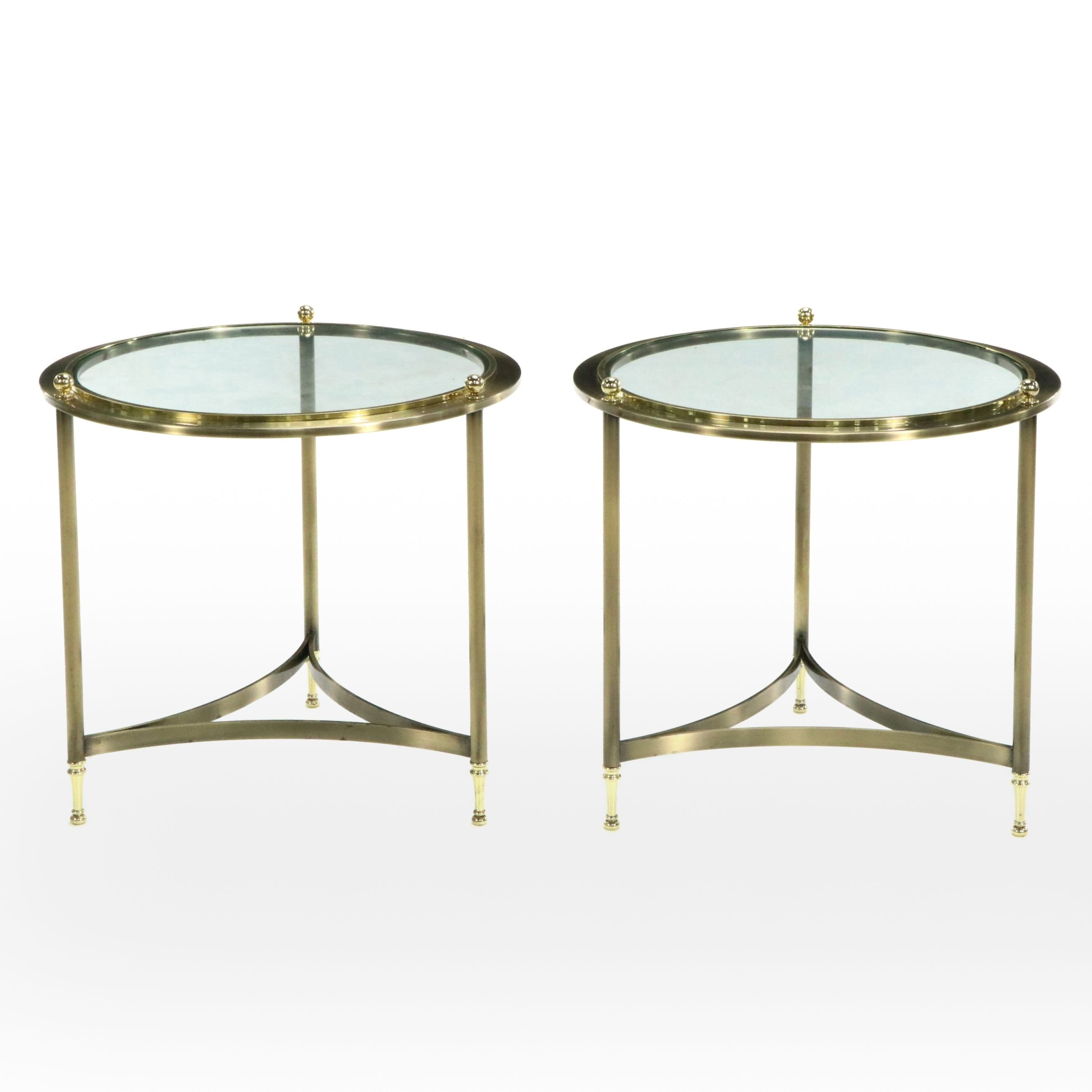 Pair of Circular Brass Frame End Tables with Glass Tops