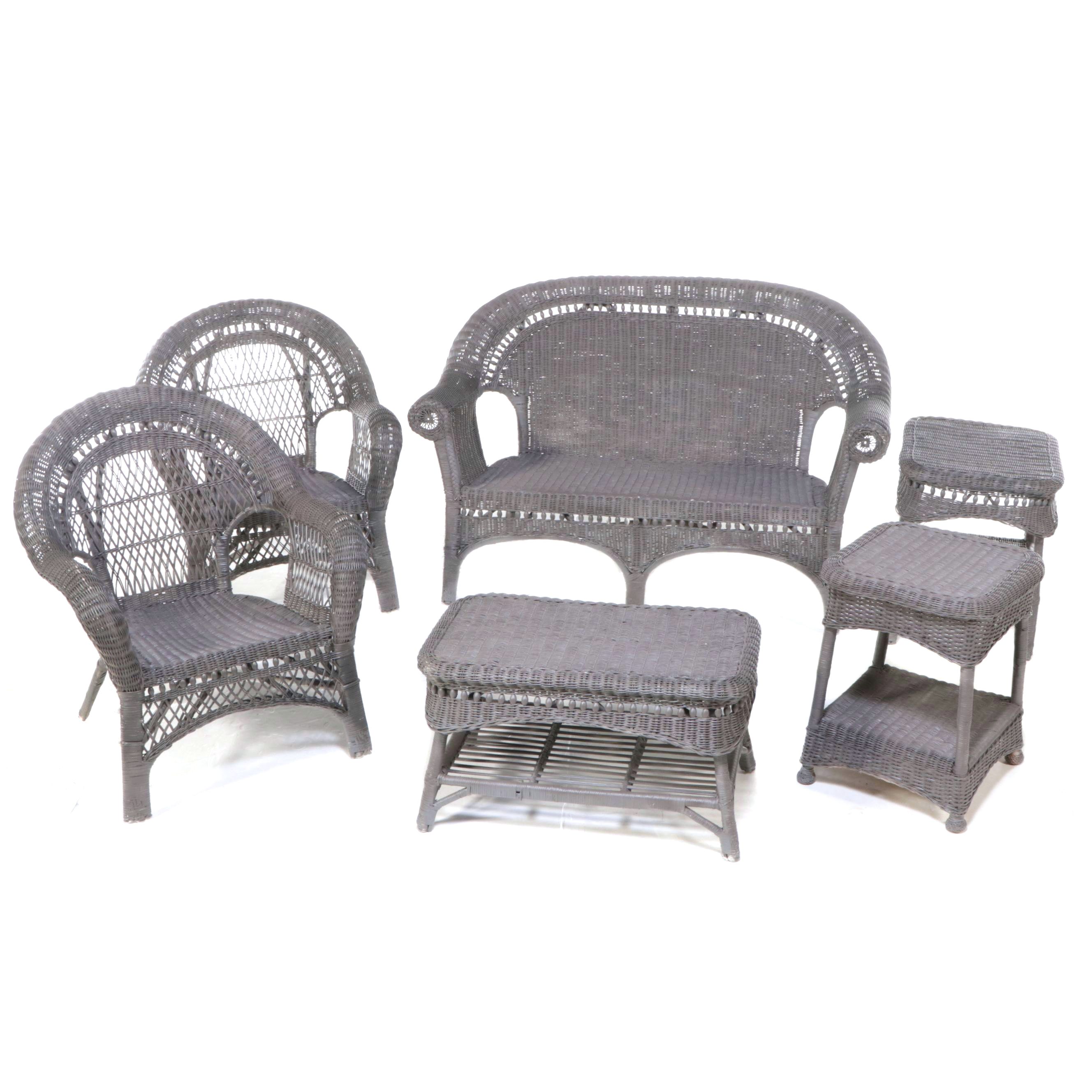 Grey Painted Wicker Patio Love Seat, Armchairs, Coffee and Side Tables