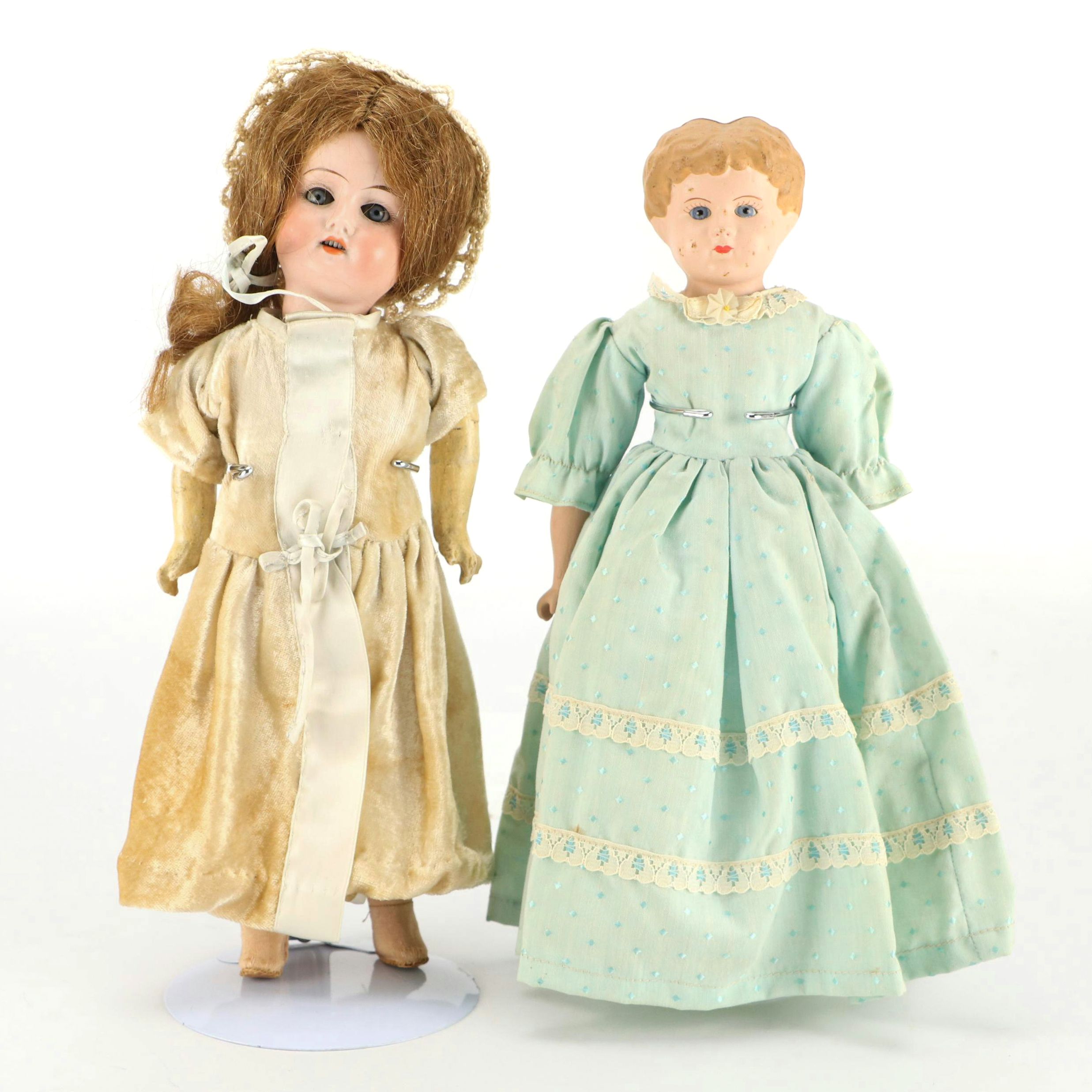 German Porcelain Sleepy Eyes Doll with Other Doll, Early to Mid-20th Century