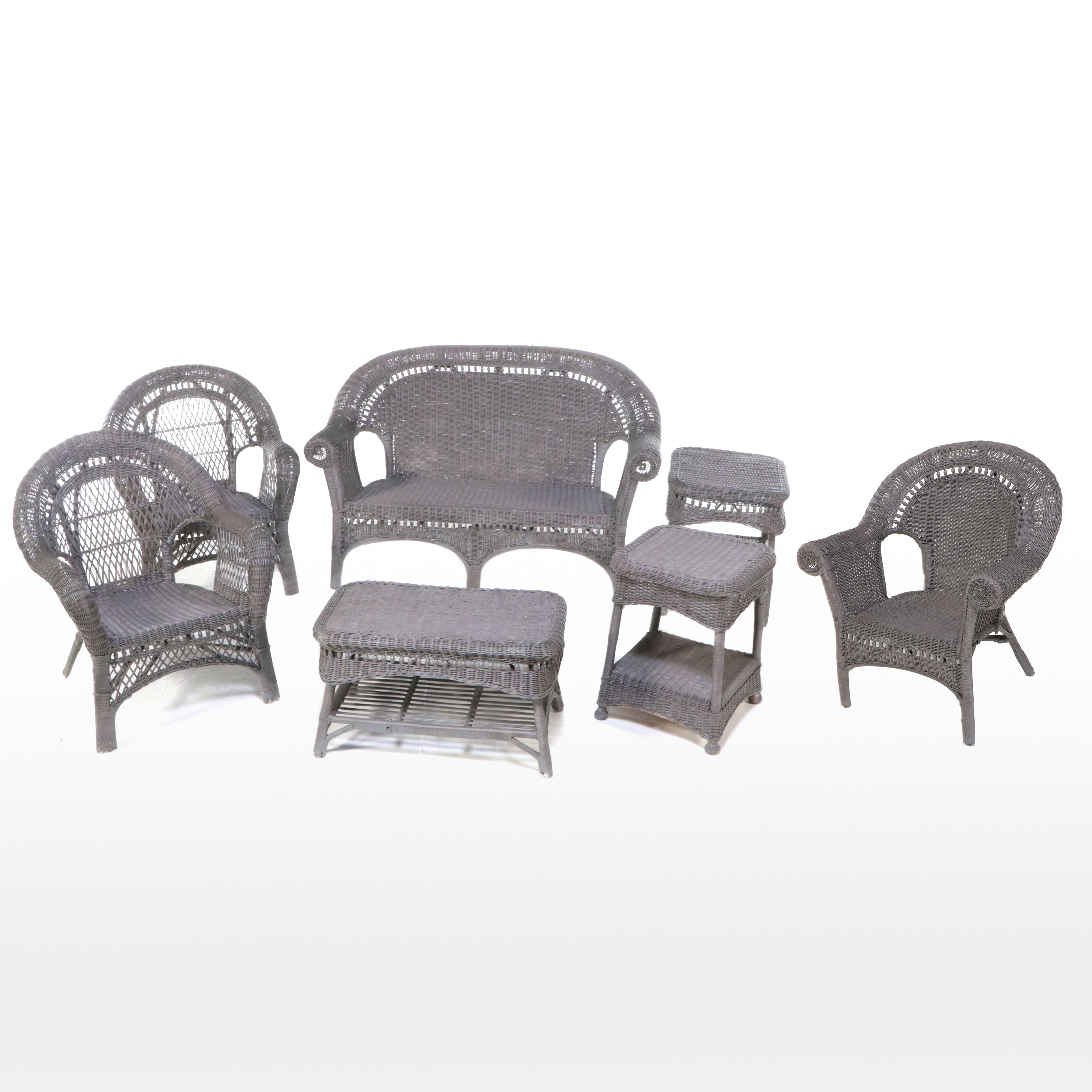 Grey Painted Wicker Patio Love Seat, Armchairs, Coffee and Side Tables