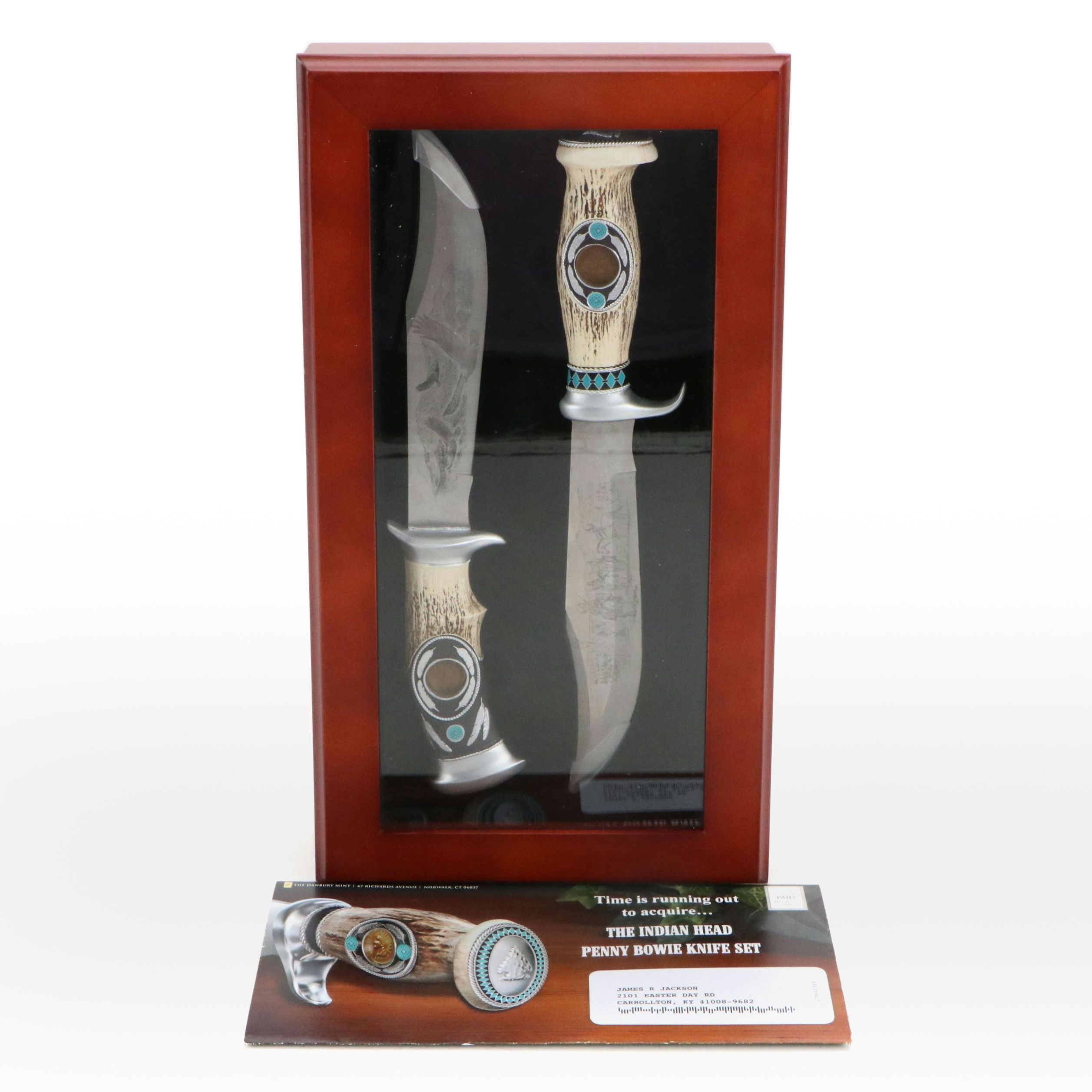 Danbury Mint Indian Head Penny Bowie Knife Set with Pictorial Blade Etching