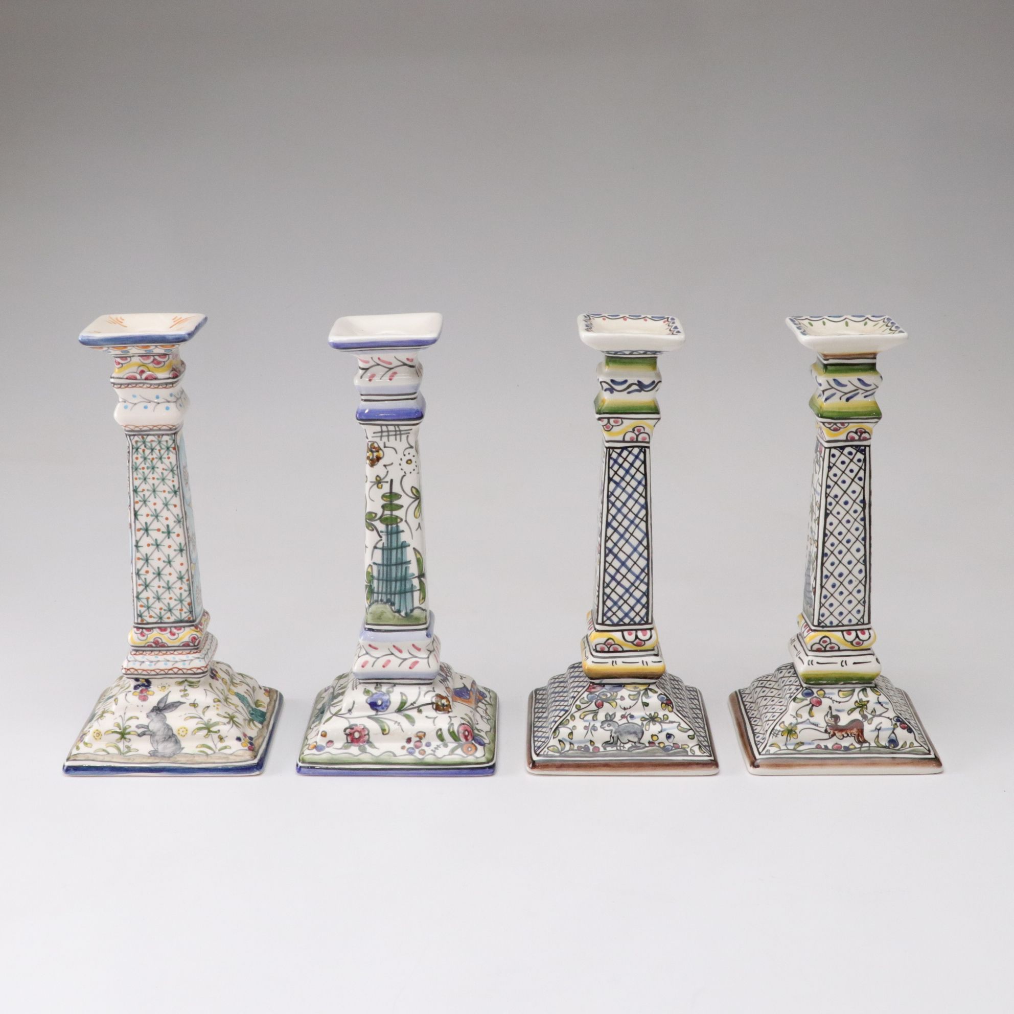 Four Hand-Painted Mazari Portugal Ceramic Candlesticks
