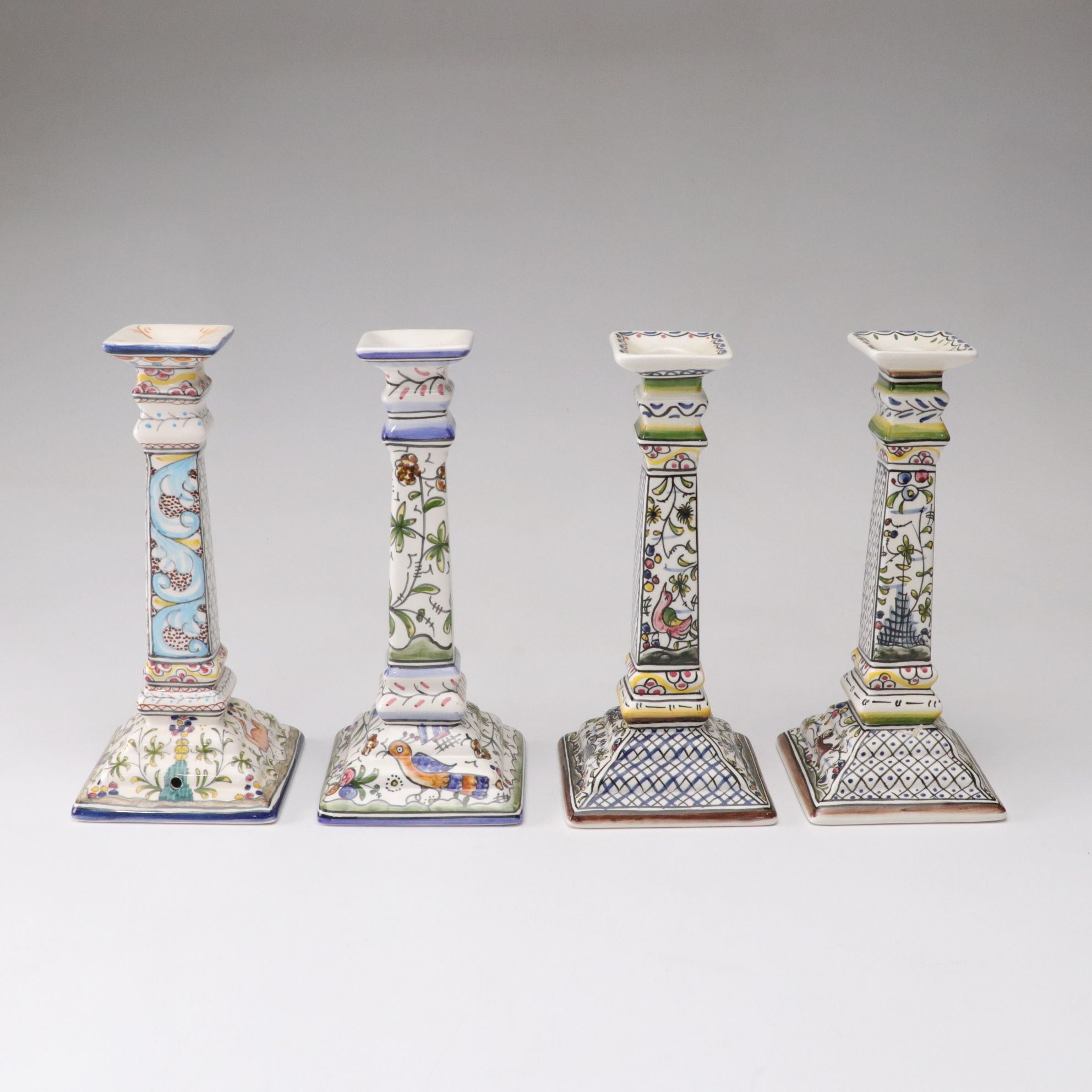 Four Hand-Painted Mazari Portugal Ceramic Candlesticks