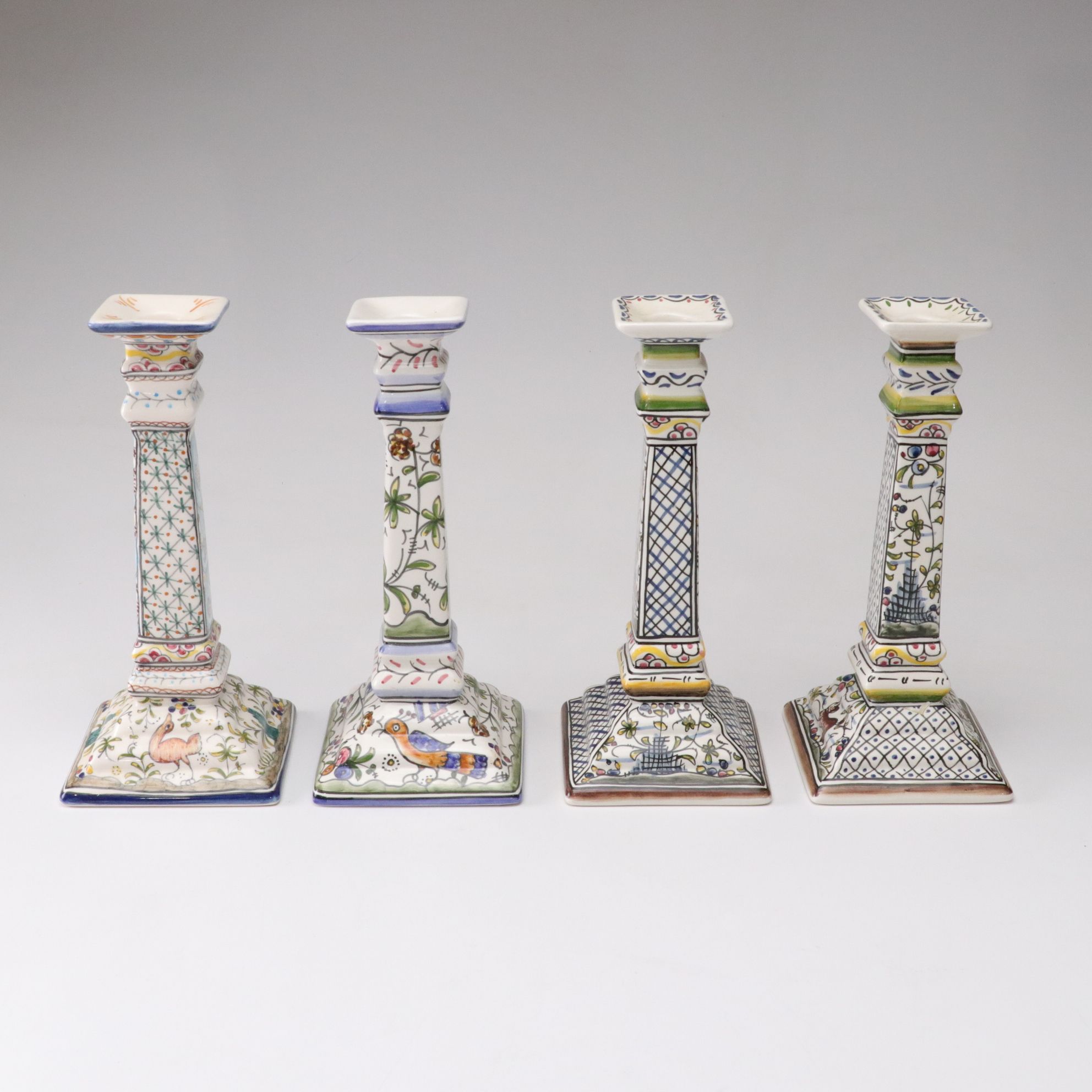 Four Hand-Painted Mazari Portugal Ceramic Candlesticks