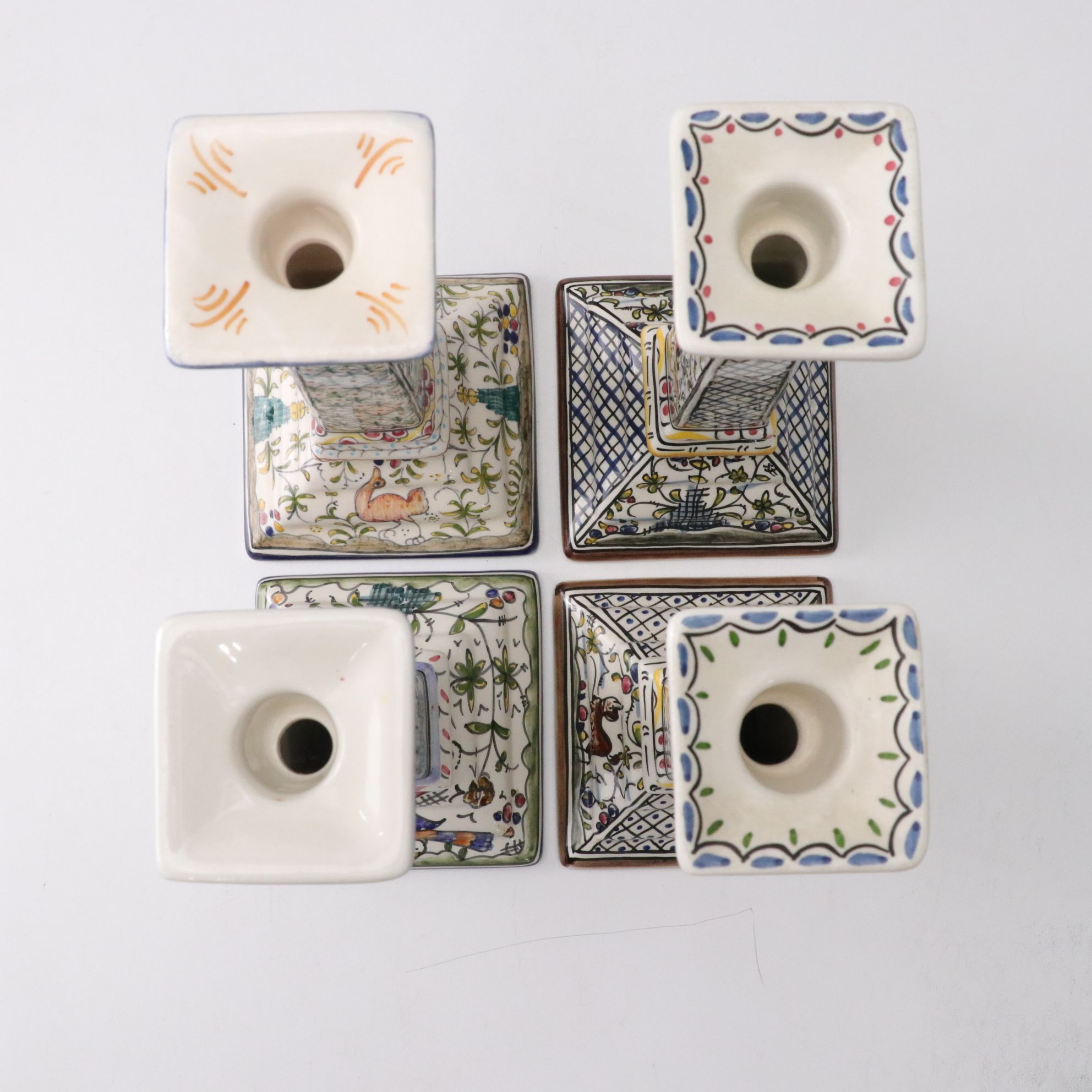 Four Hand-Painted Mazari Portugal Ceramic Candlesticks
