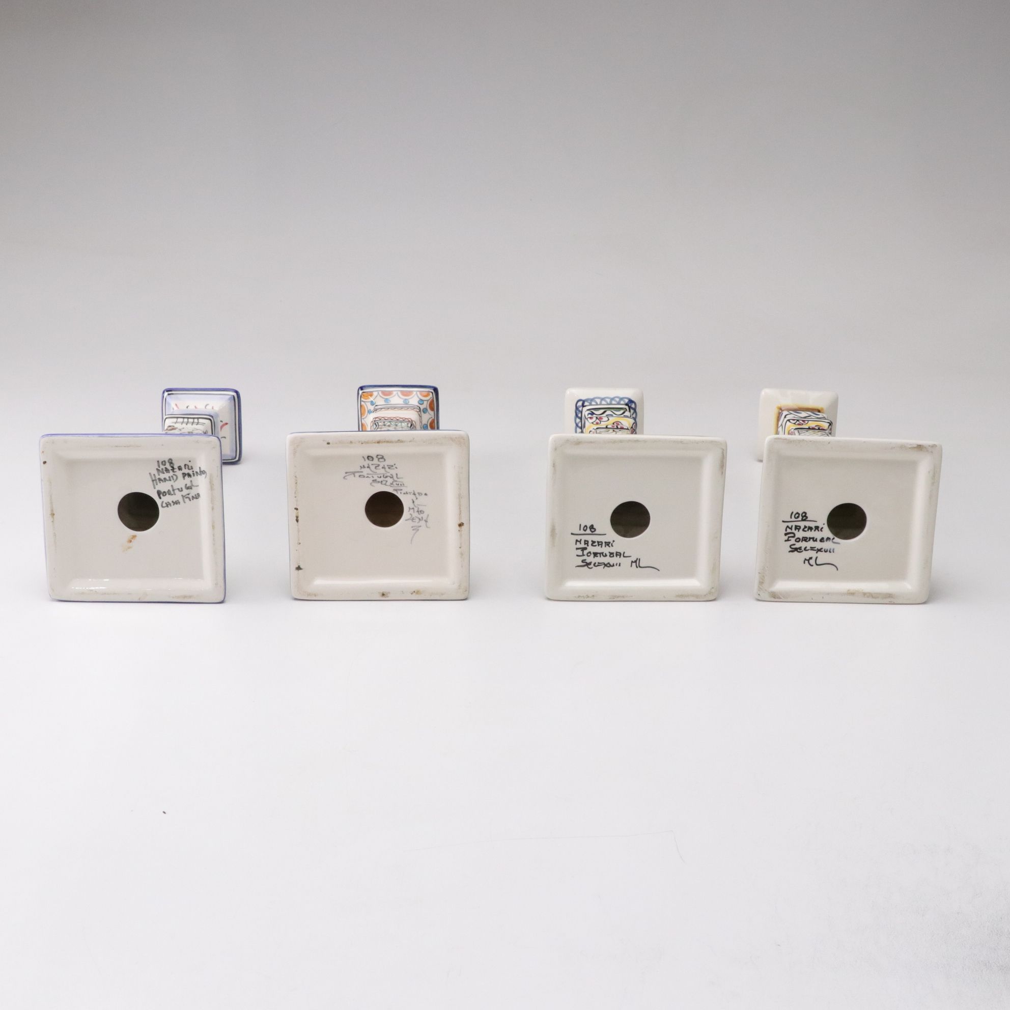 Four Hand-Painted Mazari Portugal Ceramic Candlesticks
