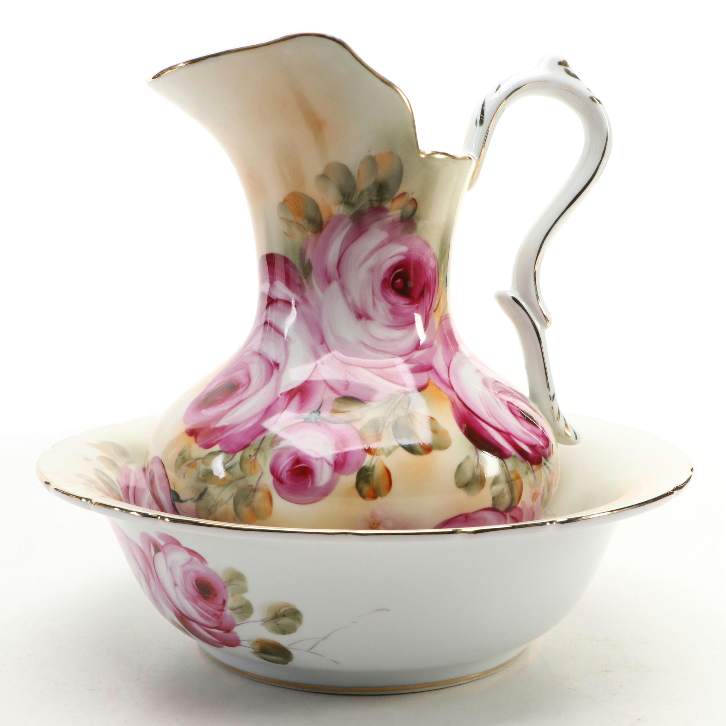 American Limoges Hand-Painted Roses Pitcher and Basin, Early/ Mid-20th Century