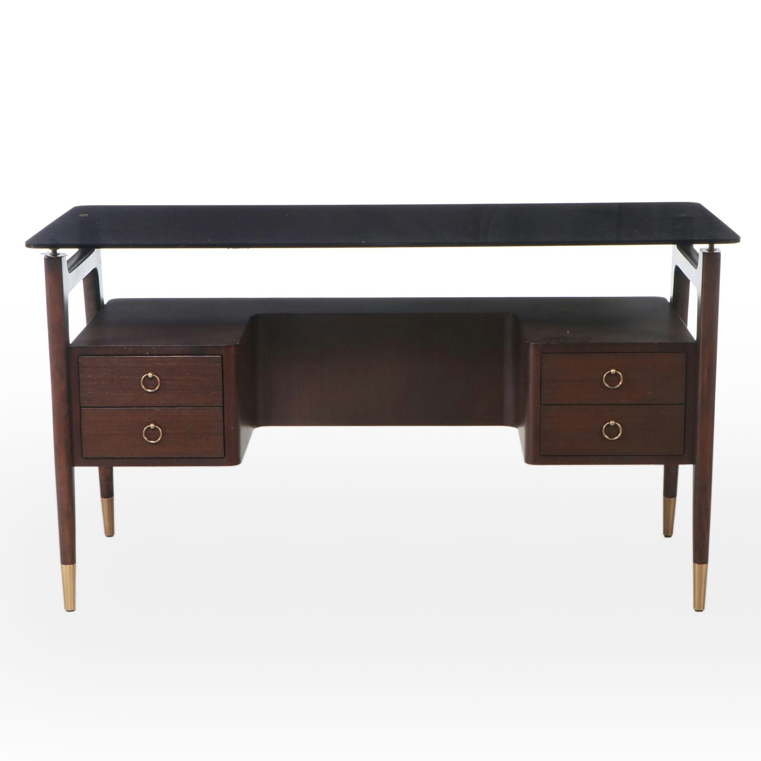 Keno Bros Mid Century Modern Style Smoked Glass and Walnut Desk