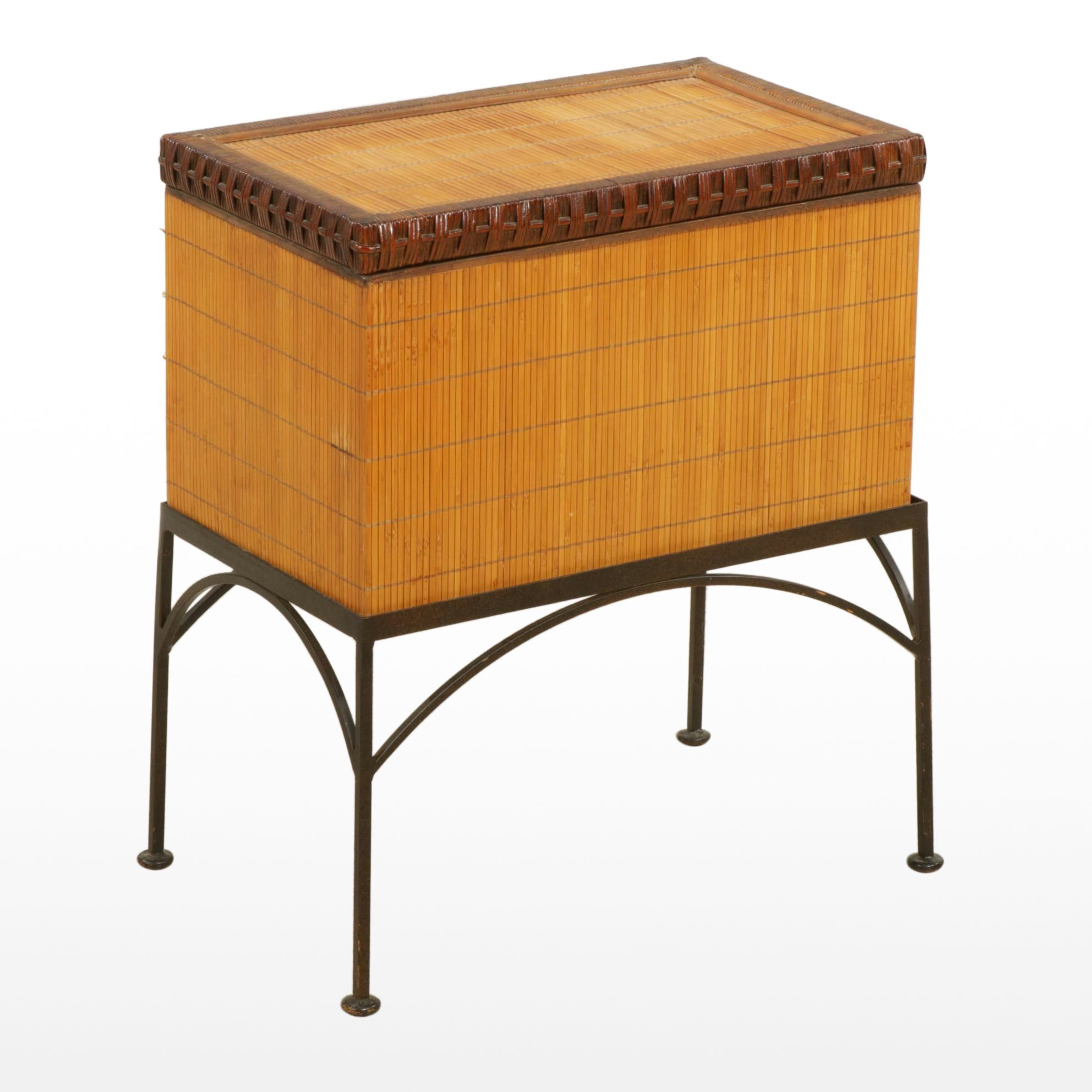 Bamboo Finished Wood Chest on Forged Metal Stand