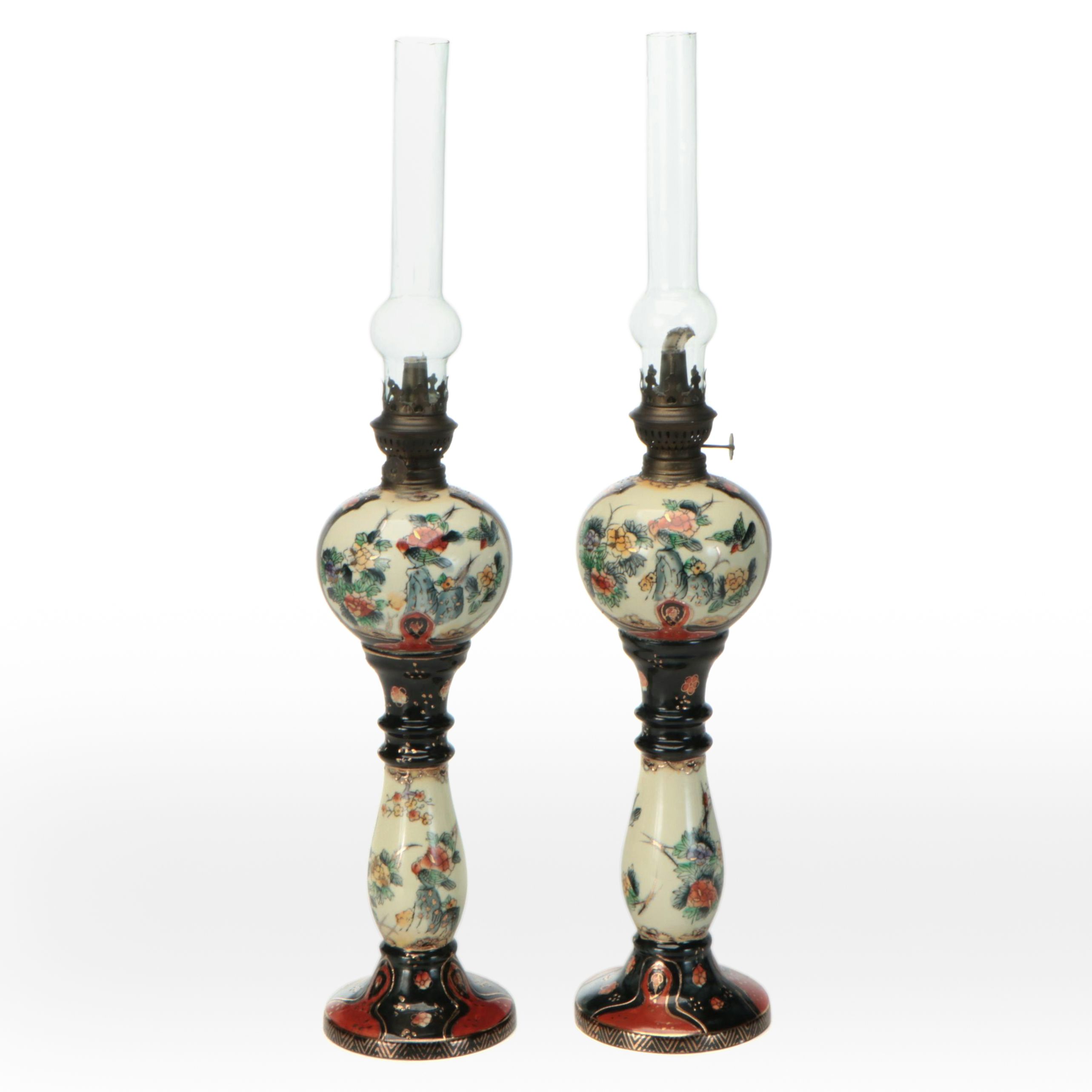 Pair of Satsuma Style Hand-Painted Ceramic Oil Lamps, Vintage