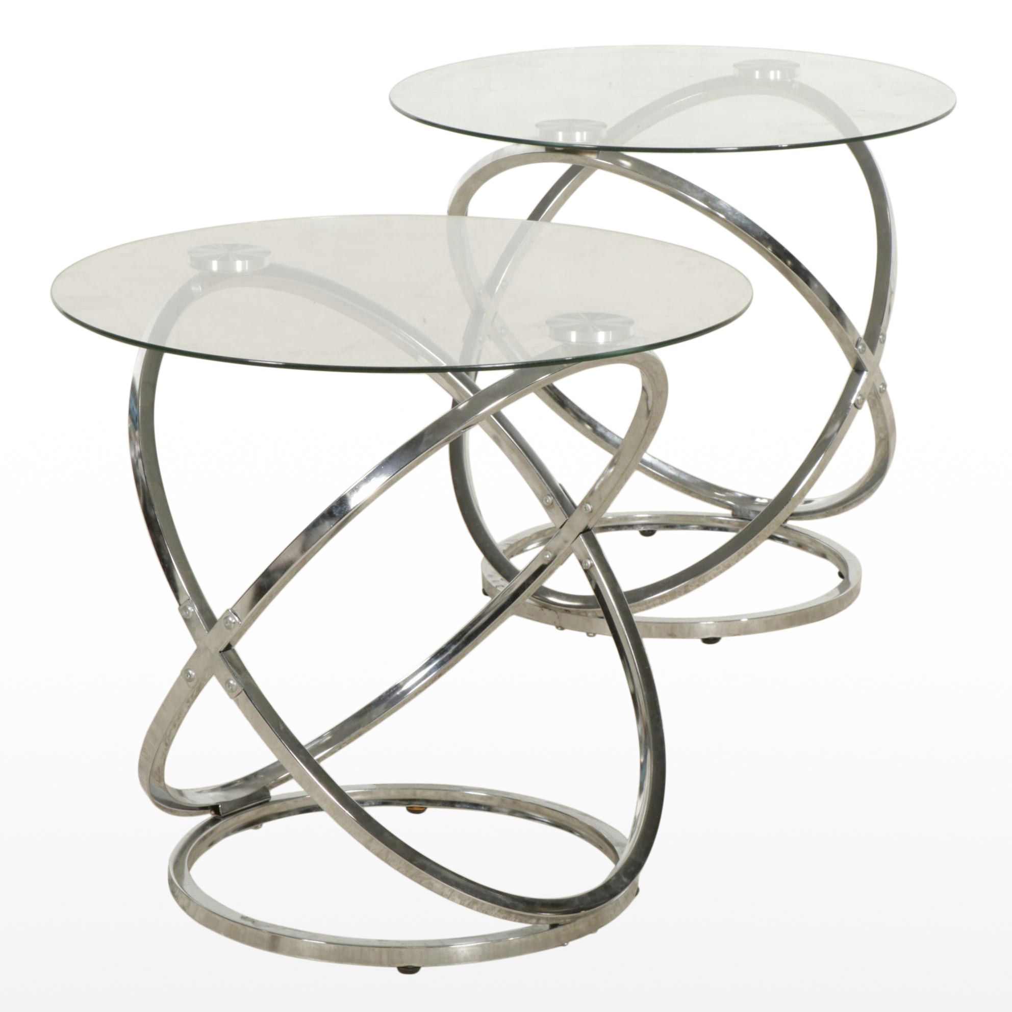 Pair of Contemporary Glass-Top  Metal Side Tables