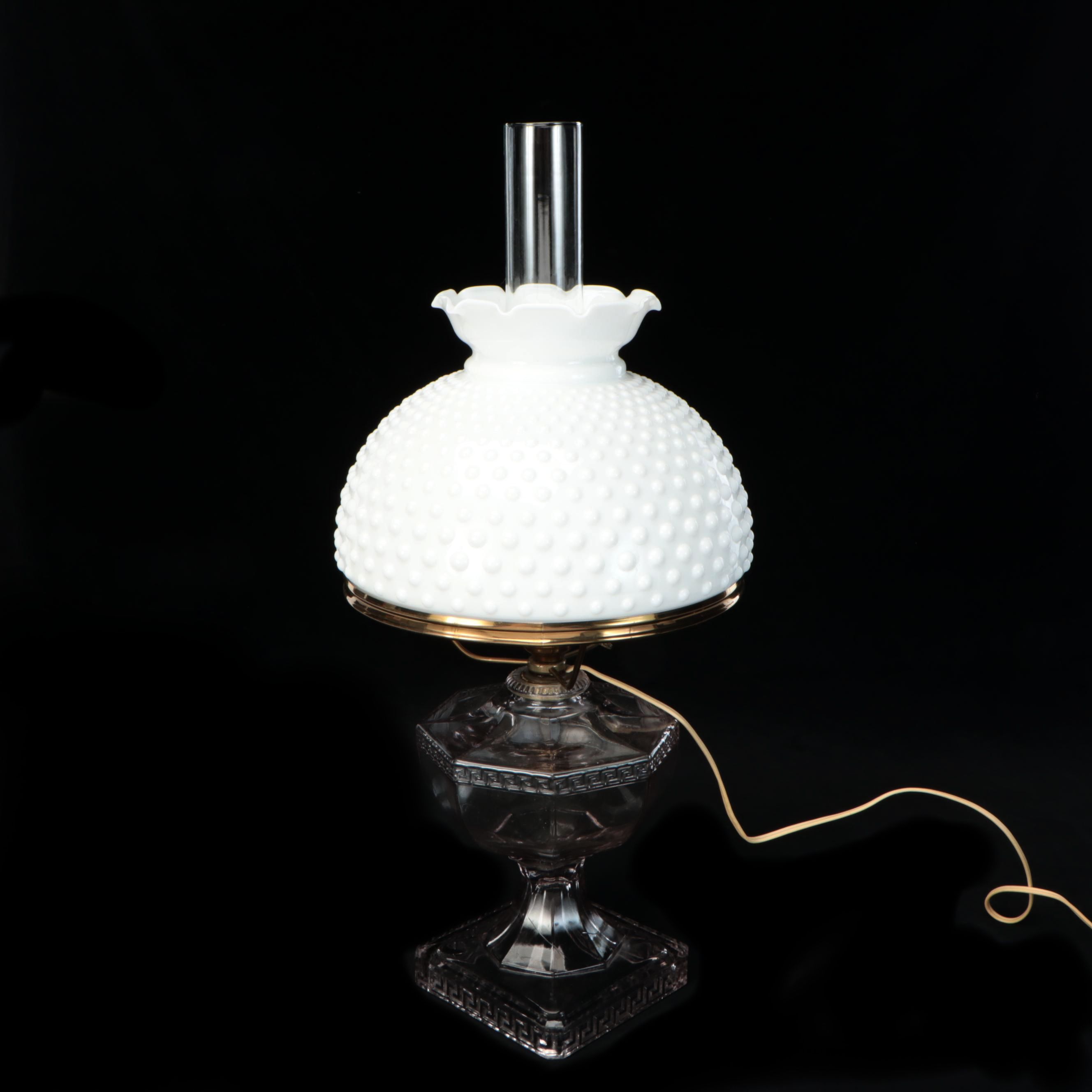 EAPG Greek Key Pressed Glass Oil Lamp With Hobnail Shade and French Adaption