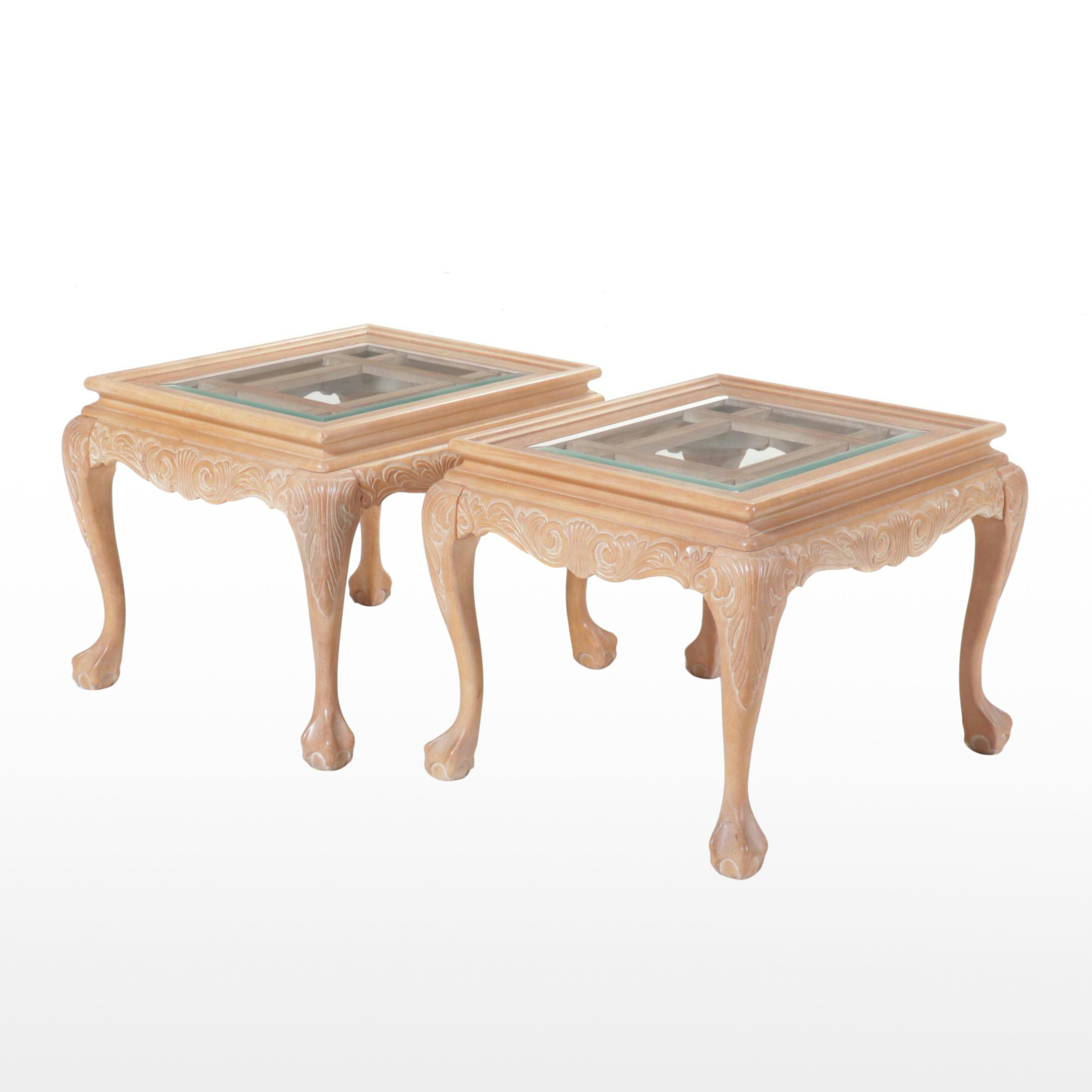 Pair of Carved Chippendale Style End Tables with Glass Tops