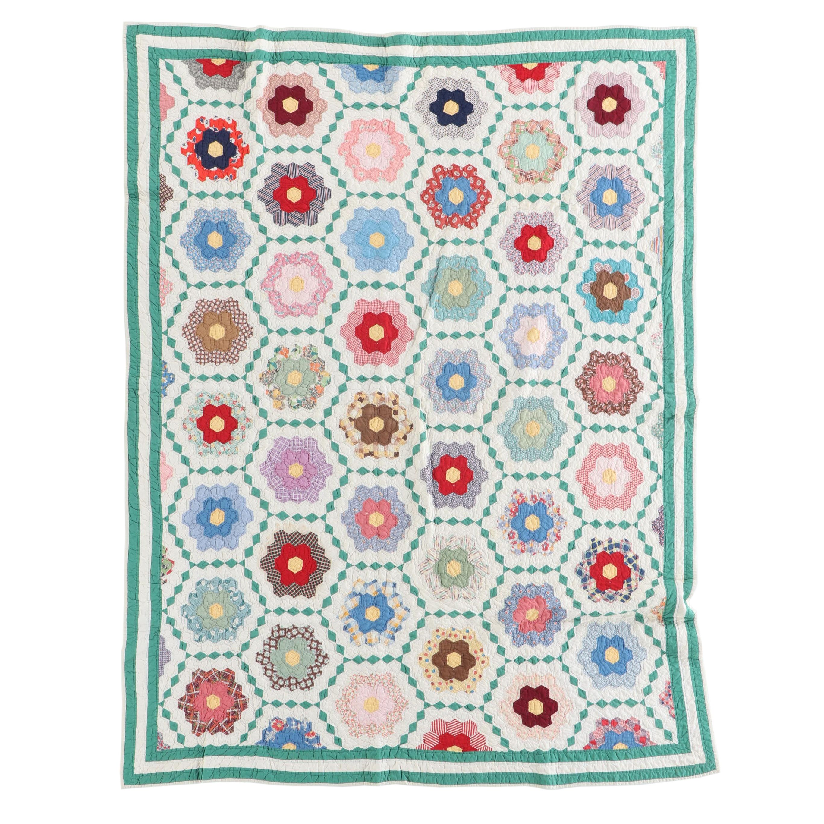 Handmade "Grandmother's Flower Garden" Pieced Quilt, 20th Century