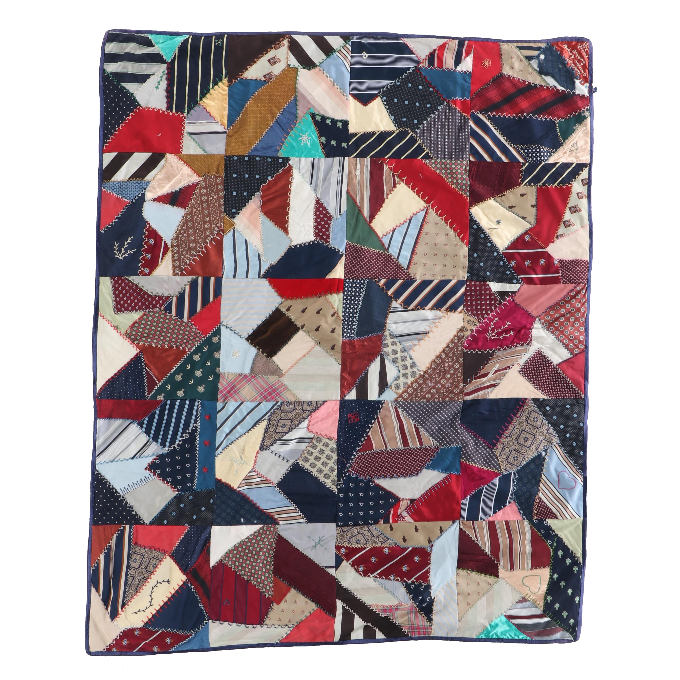 Handmade Memorial Necktie-Constructed "Crazy Quilt" with Embroidery Accents