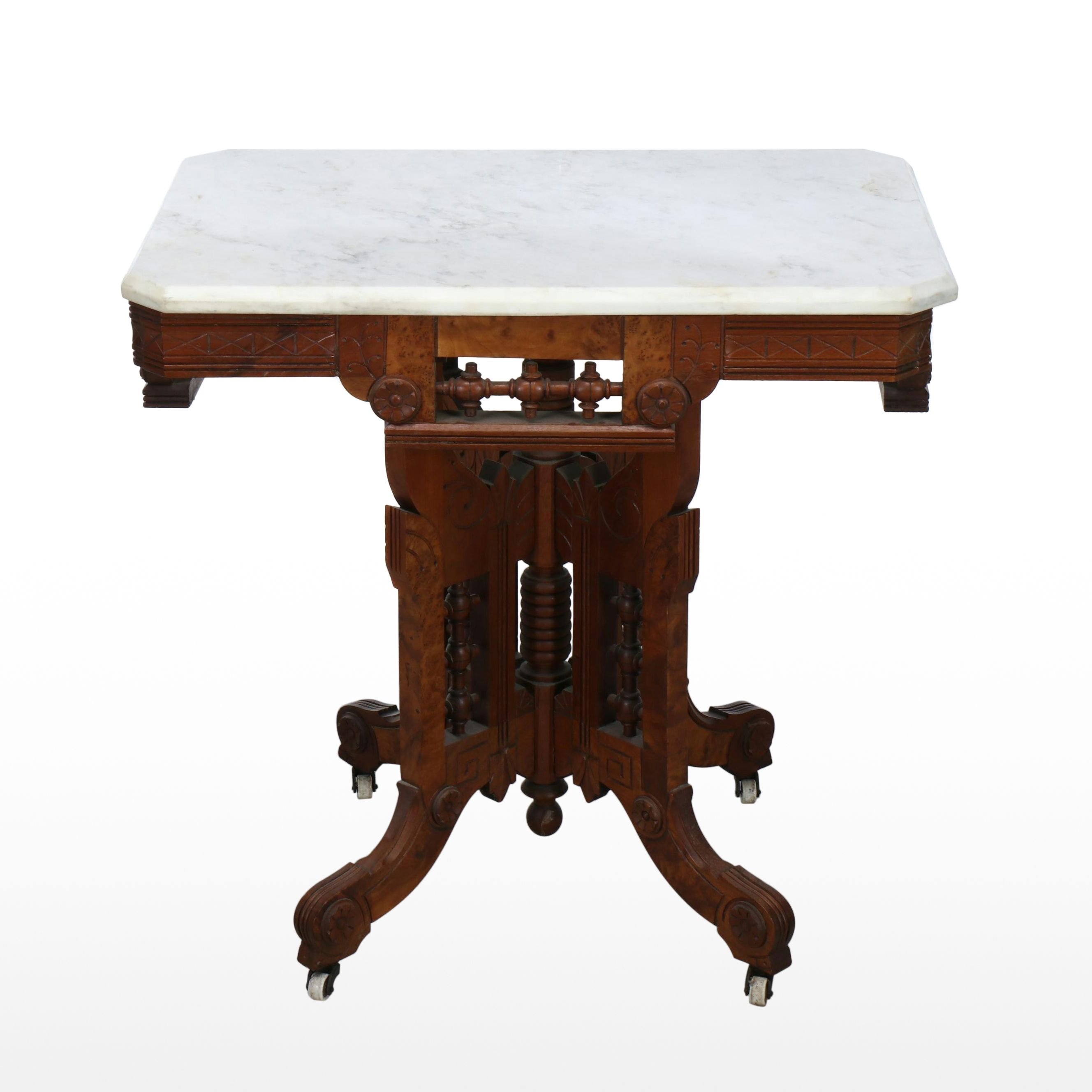 Victorian Eastlake Marble Top Walnut and Burl Wood Parlor Table