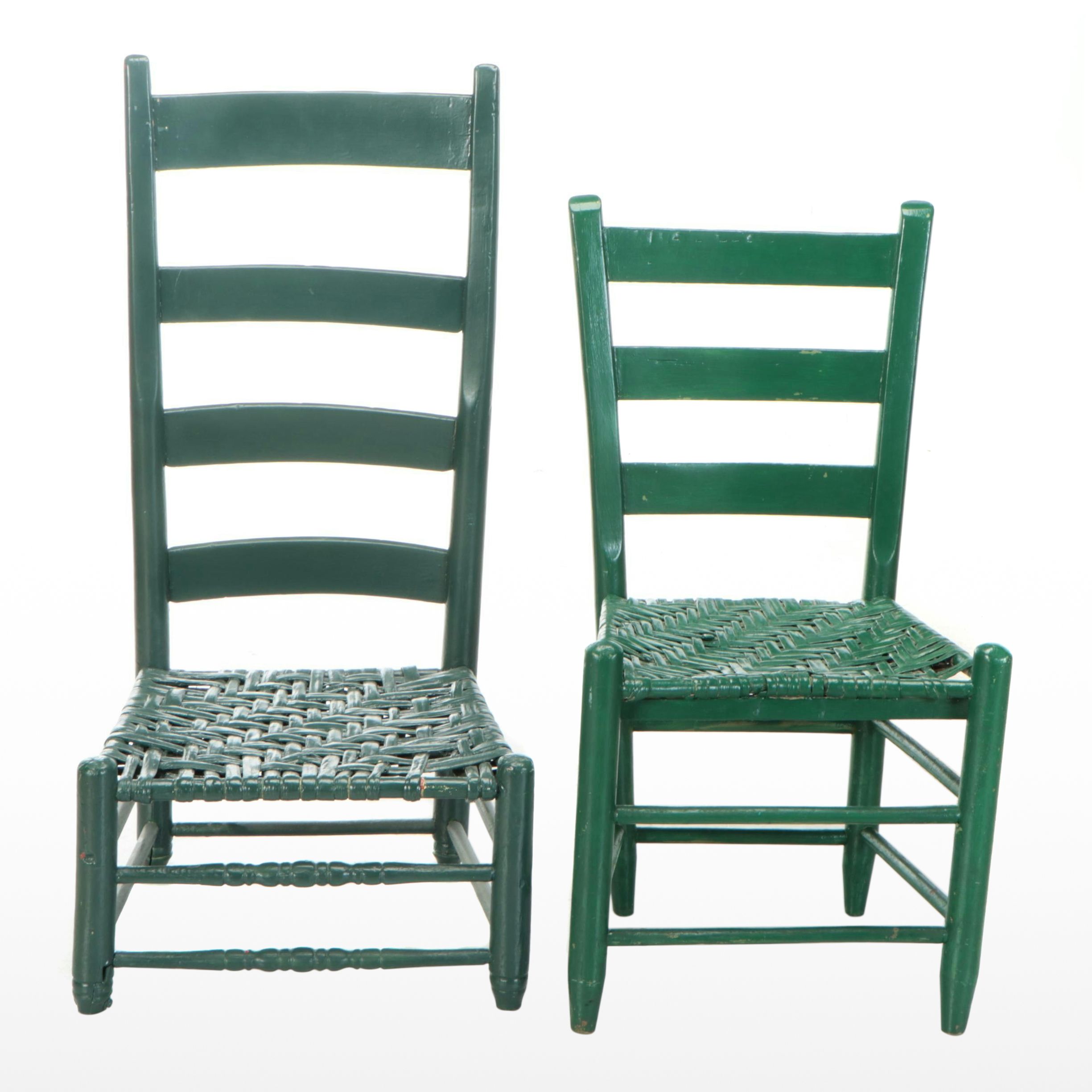 Two Early American Style Green-Painted Wood and Rush Side Chairs