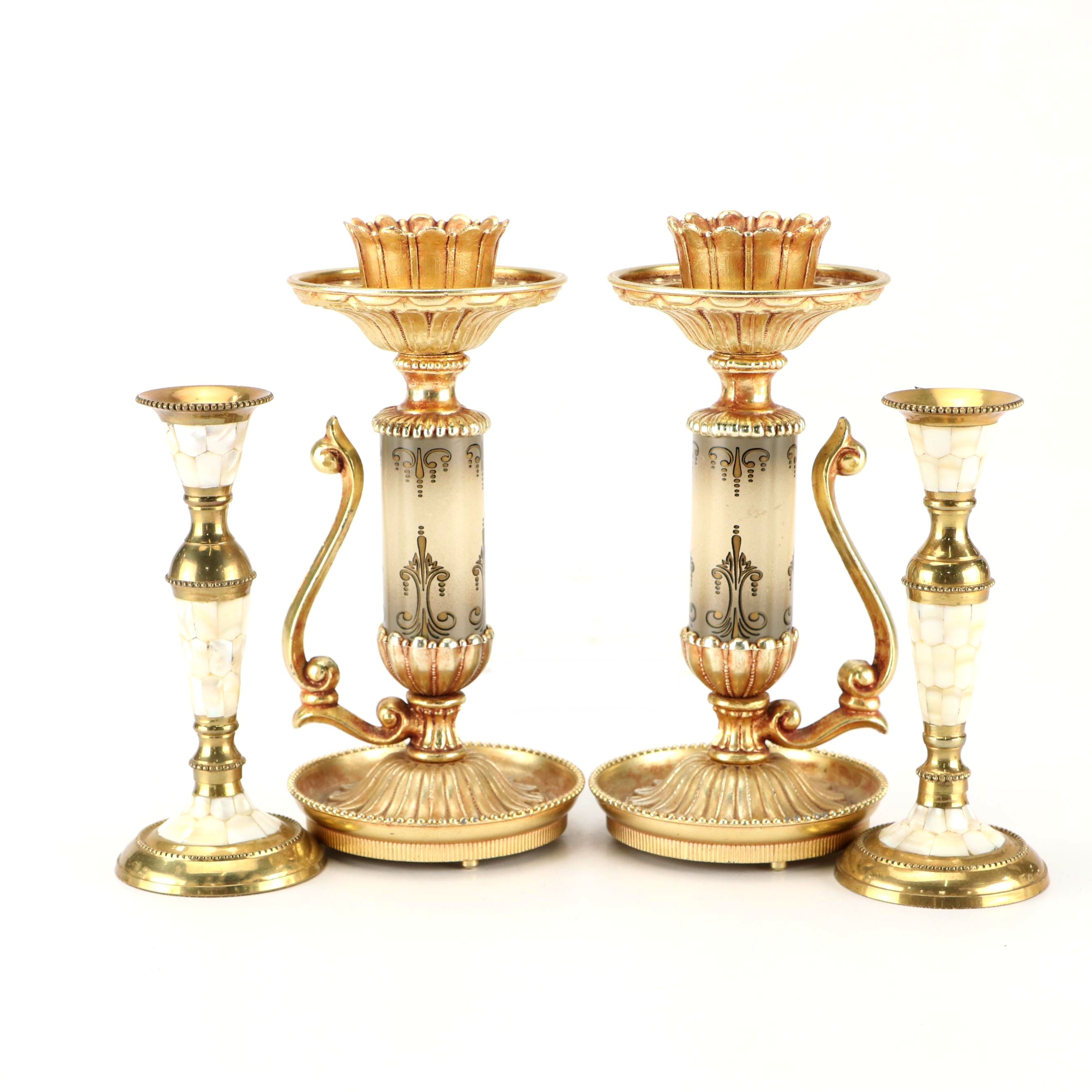 Pair of Villy and Other Shell Inlaid Candlesticks, Mid to Late 20th Century