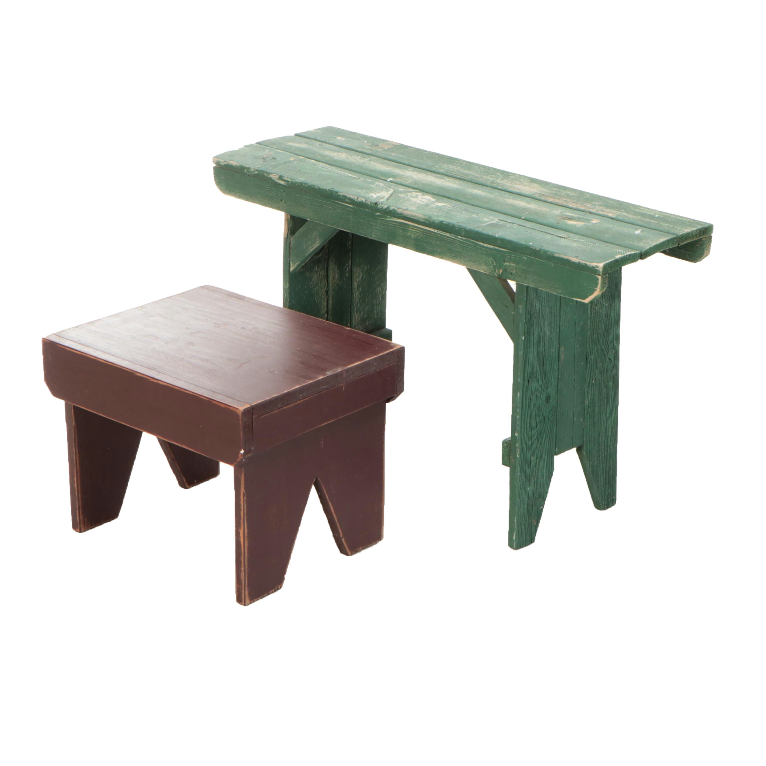 Two American Primitive Painted Bootjack Benches, Mid-20th Century