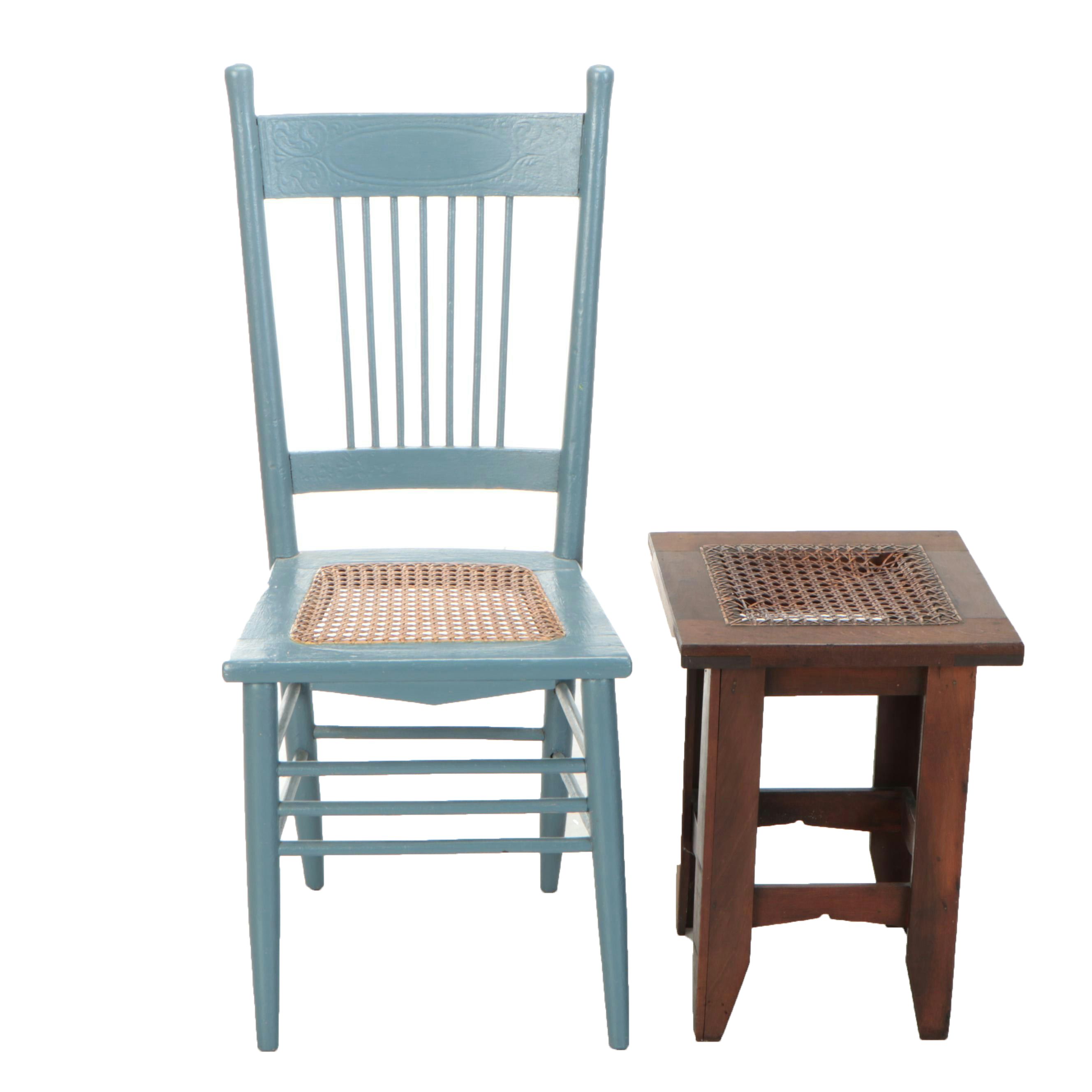 Painted Press-Back Side Chair and Walnut Stool with Woven Cane Seats