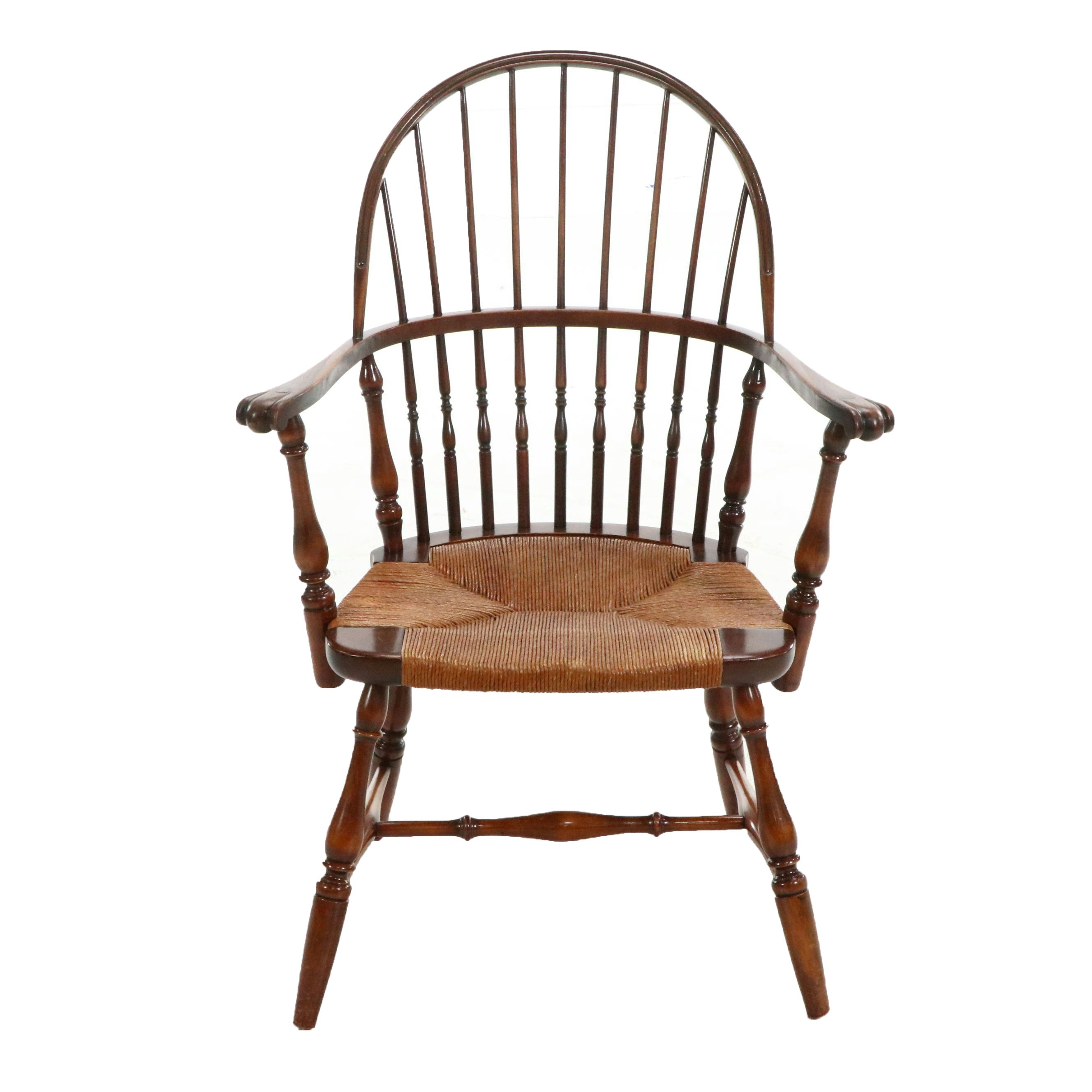 Sack-Back Windsor Armchair with Rush Seat, Mid to Late 20th Century