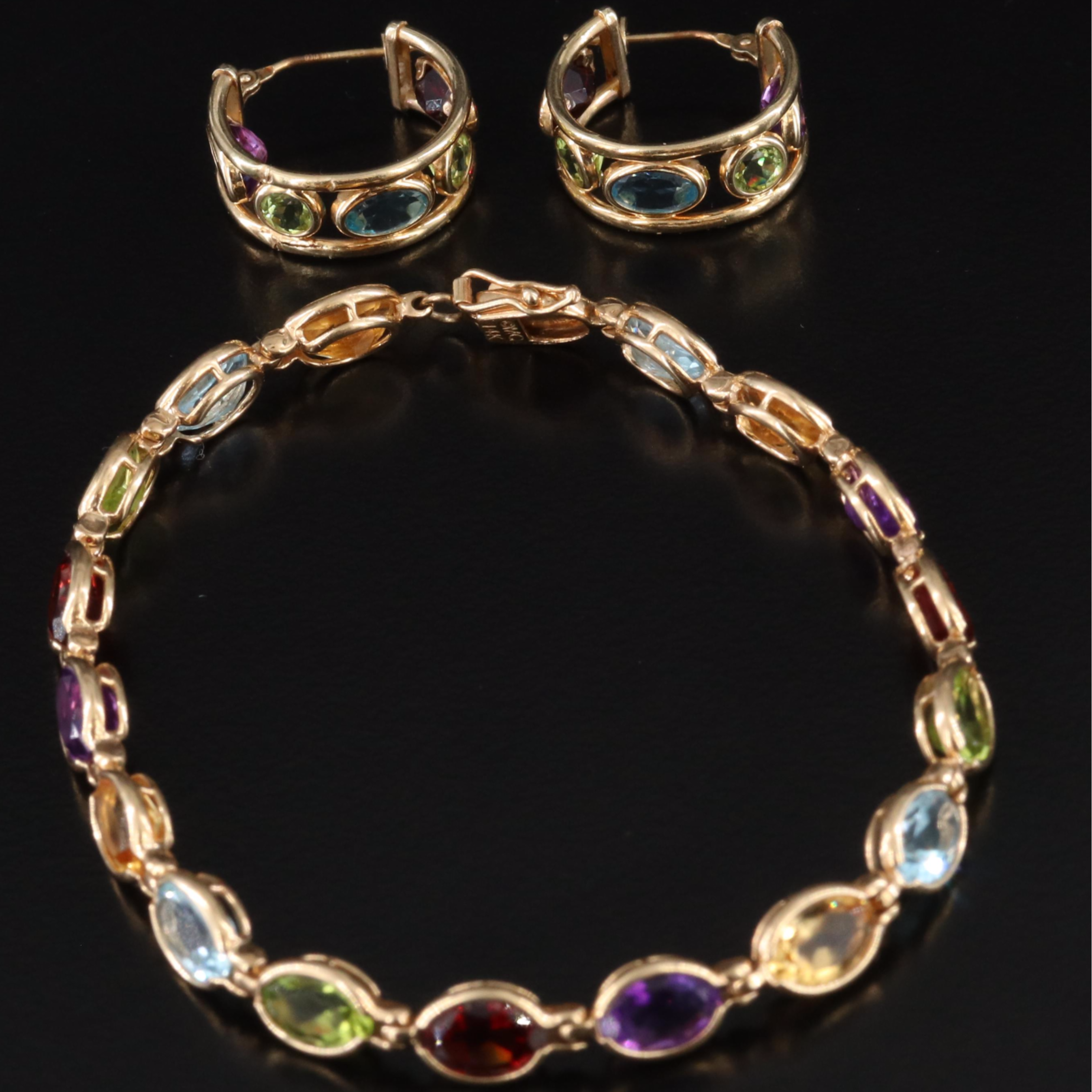 14K Gemstone Bracelet and Earrings Including Citrine, Topaz, Peridot and Garnet