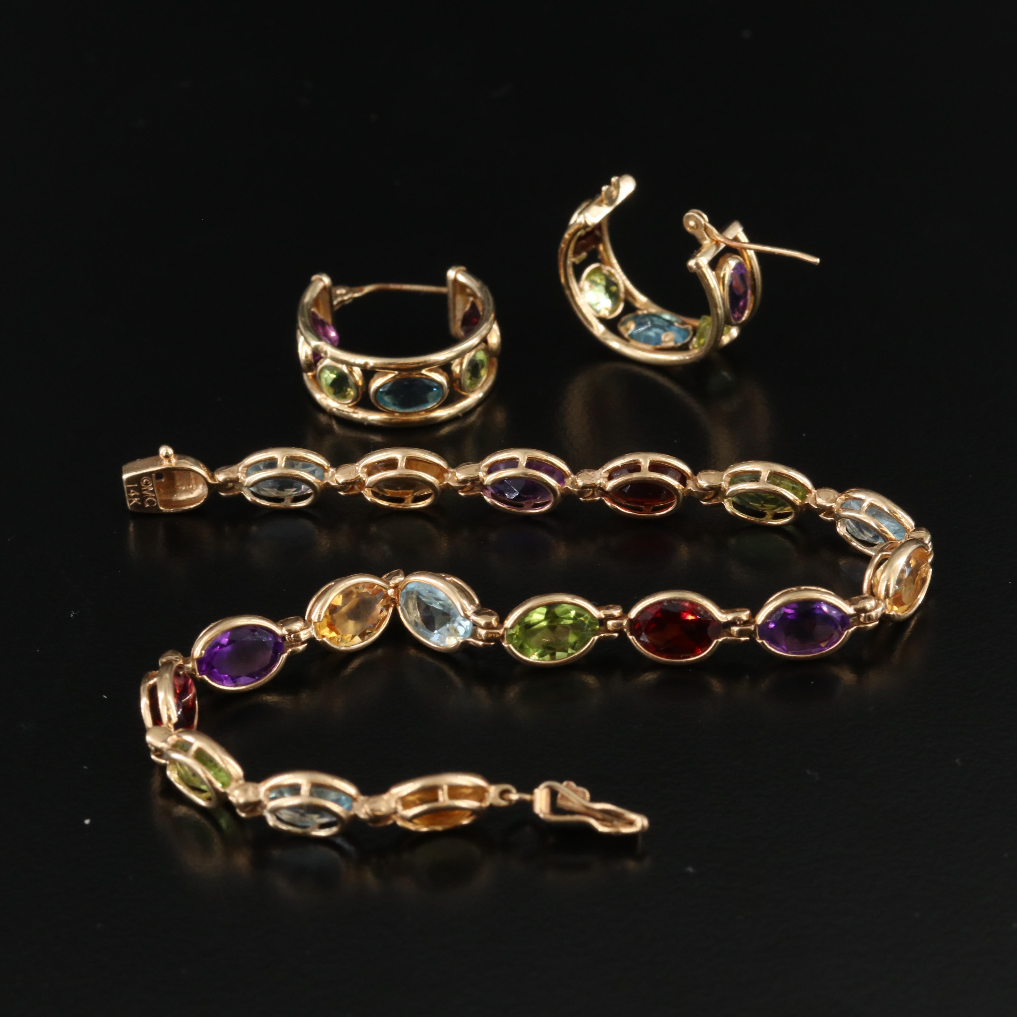 14K Gemstone Bracelet and Earrings Including Citrine, Topaz, Peridot and Garnet
