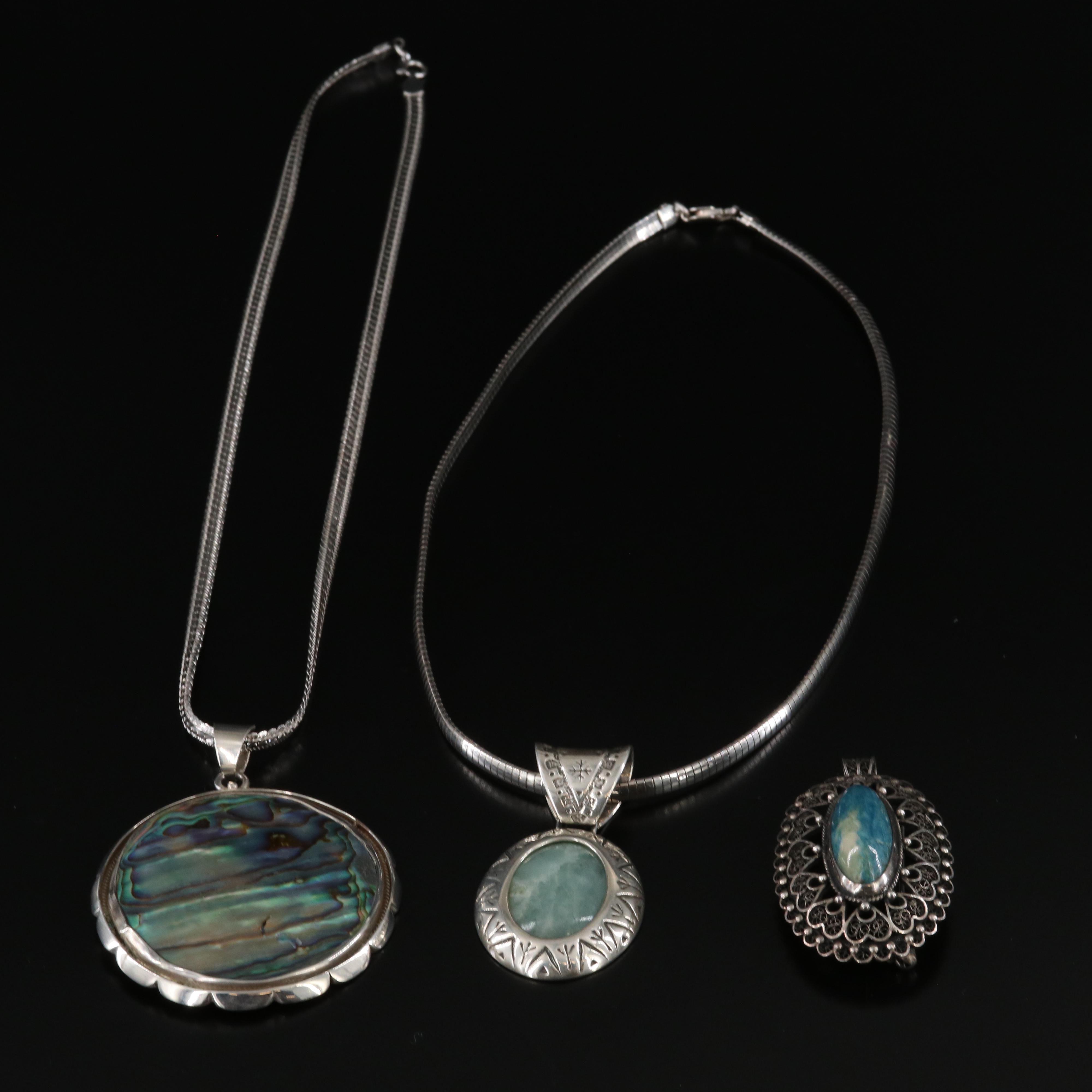 Sterling Abalone Pendant and Necklace with 800 Silver Filigree Converter Brooch