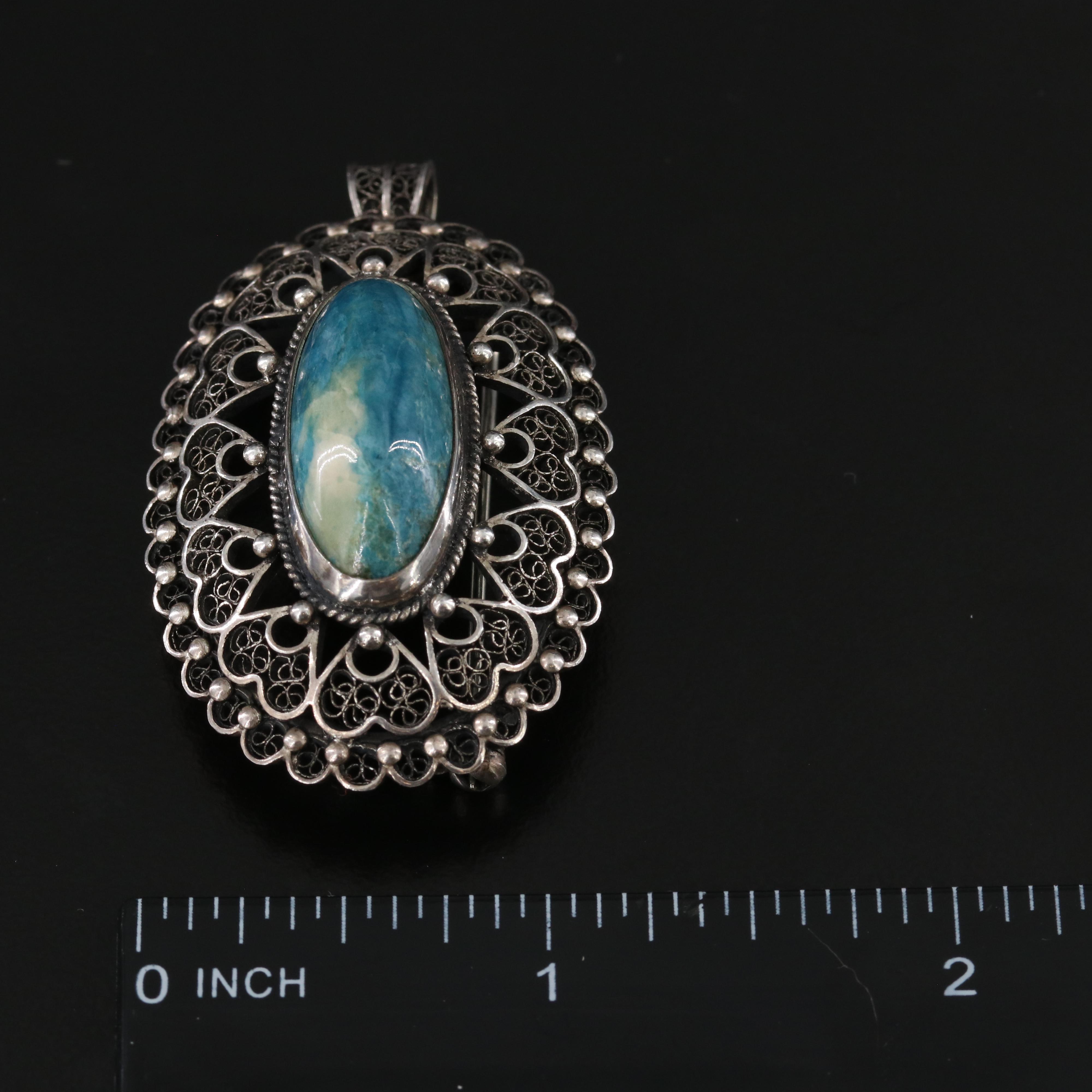 Sterling Abalone Pendant and Necklace with 800 Silver Filigree Converter Brooch