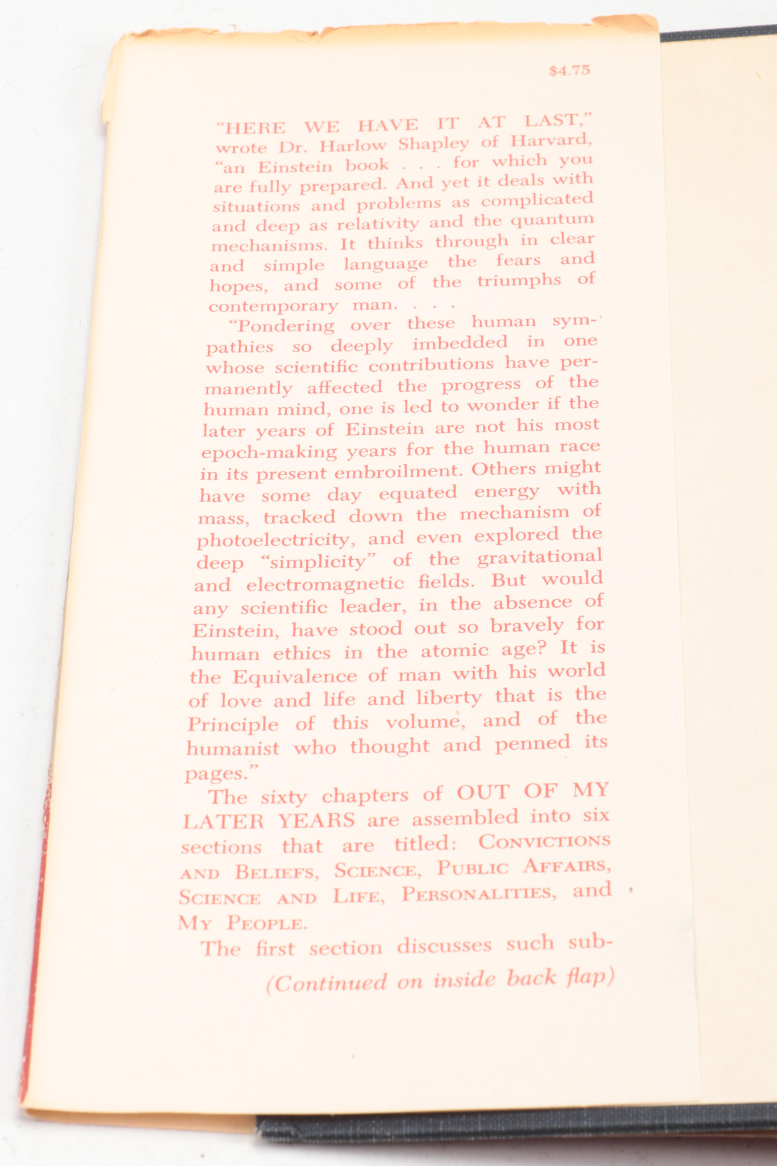 First Printing "Out of My Later Years" by Albert Einstein, 1950