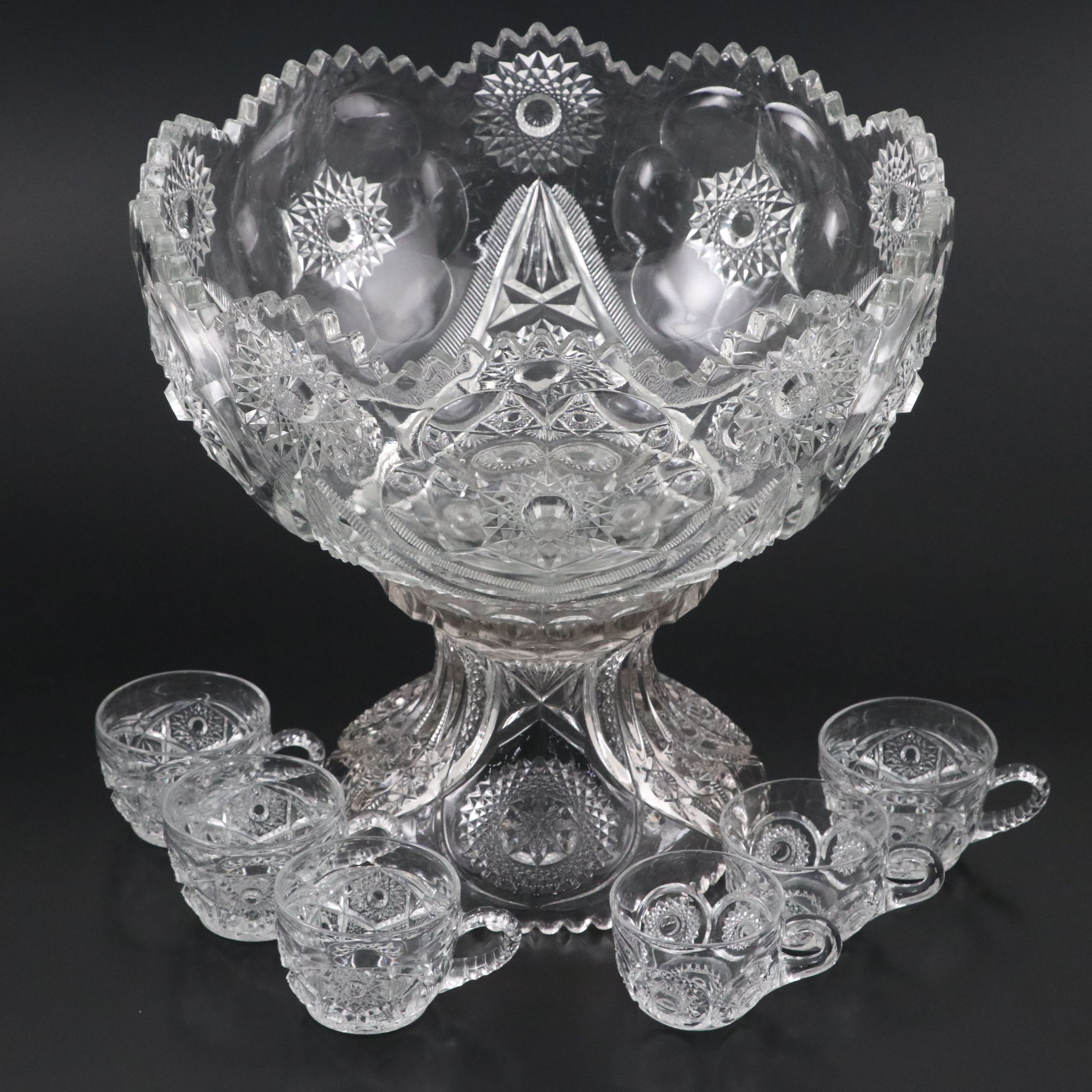 American Brilliant Cut Glass Pedestal Punch Bowl with Cups
