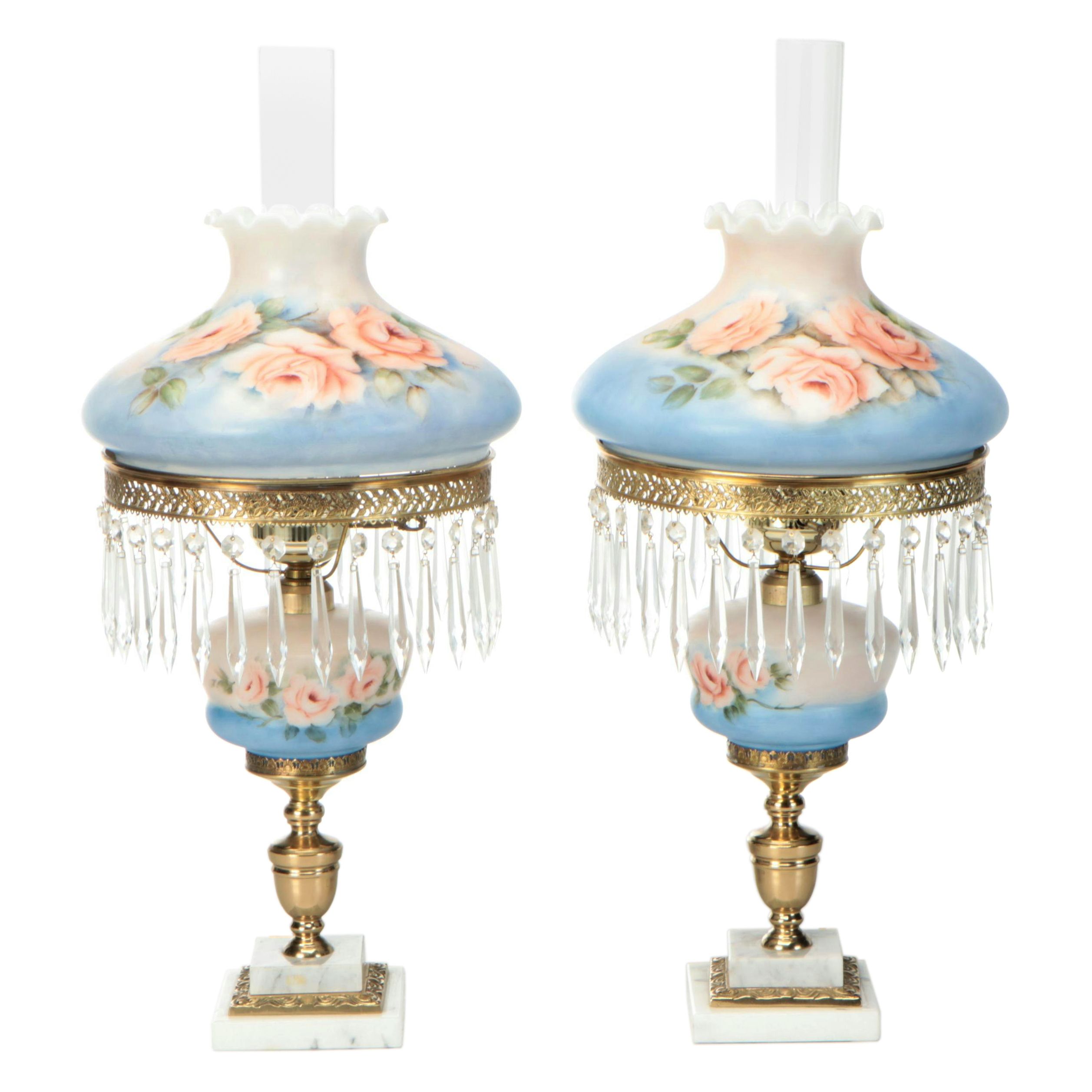 Pair of Victorian Style Hand-Painted Parlor Table Lamps, Mid-20th Century