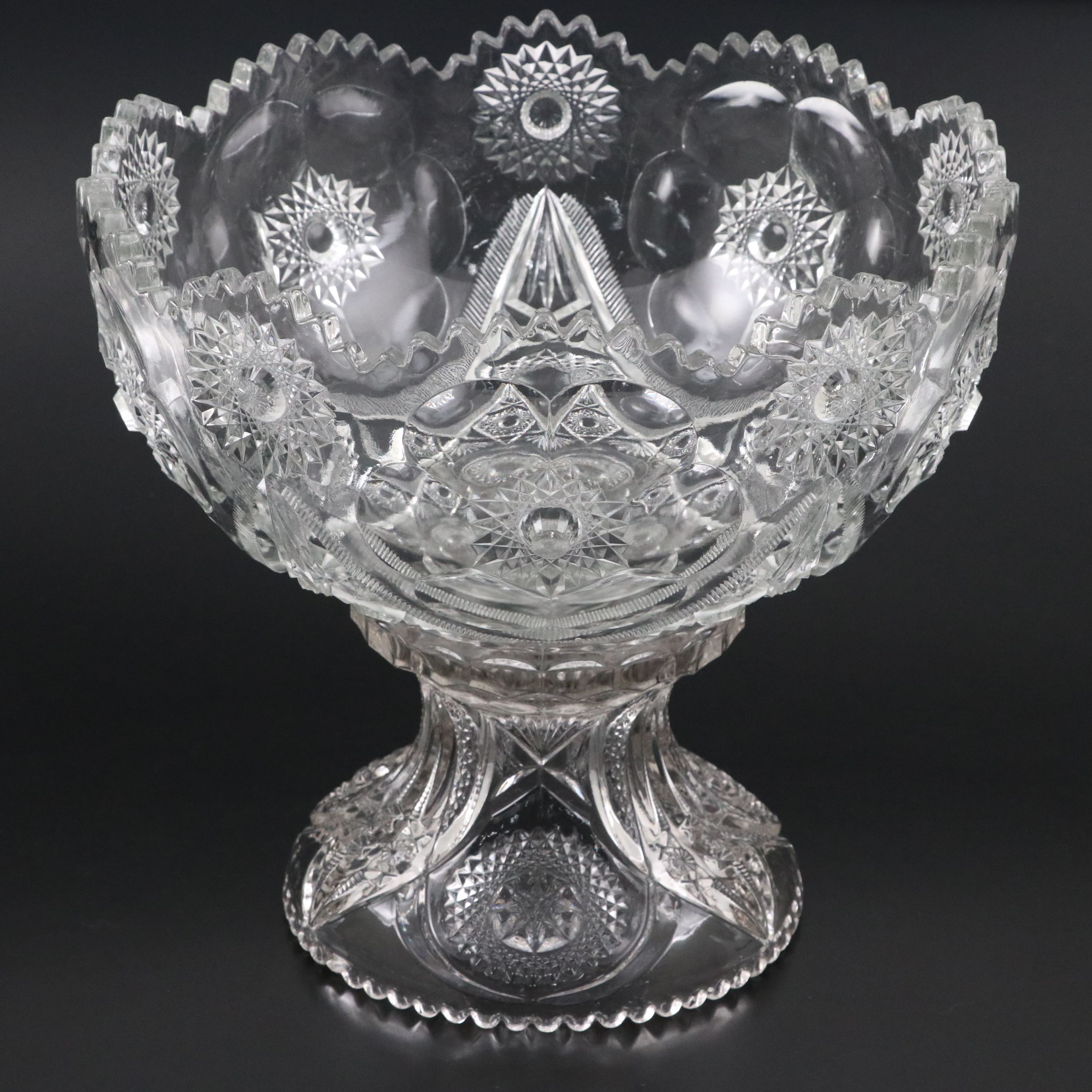 American Brilliant Cut Glass Pedestal Punch Bowl with Cups