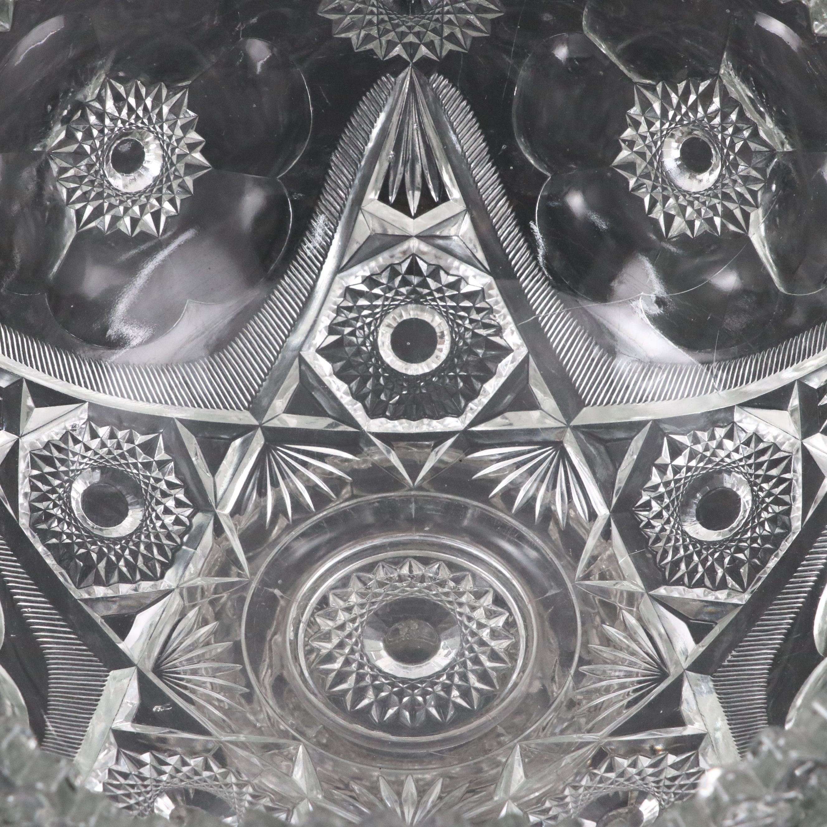 American Brilliant Cut Glass Pedestal Punch Bowl with Cups