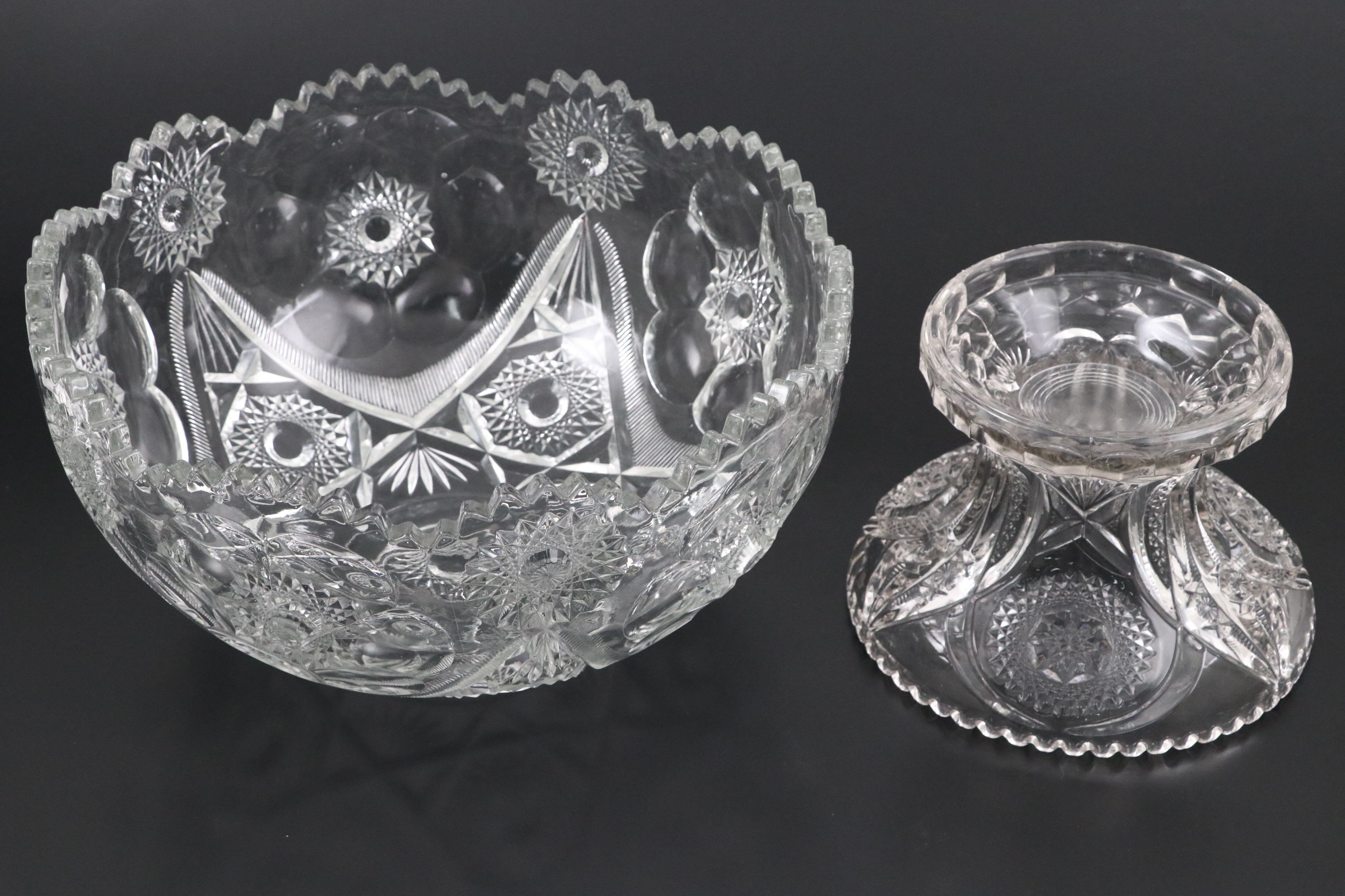 American Brilliant Cut Glass Pedestal Punch Bowl with Cups