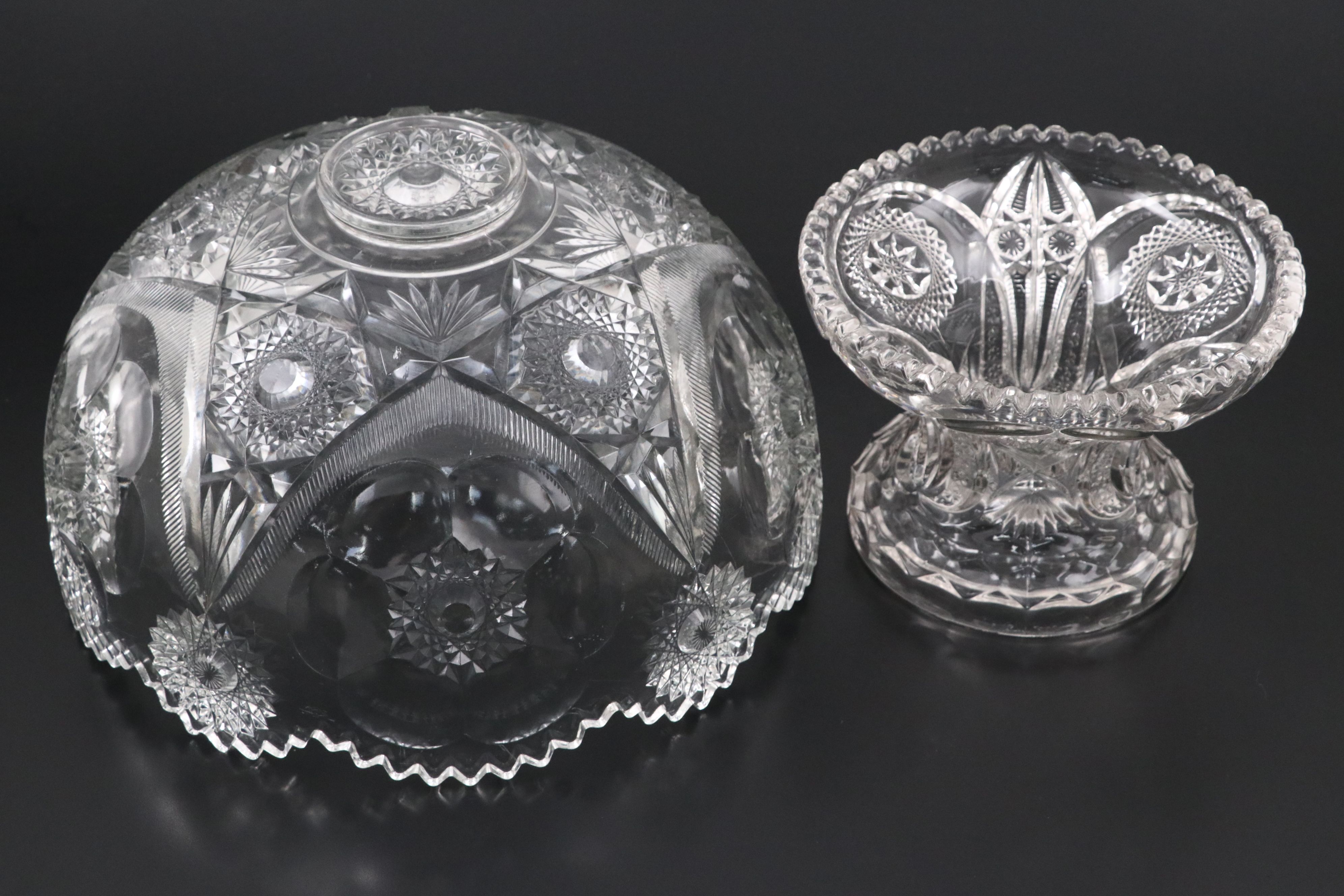 American Brilliant Cut Glass Pedestal Punch Bowl with Cups