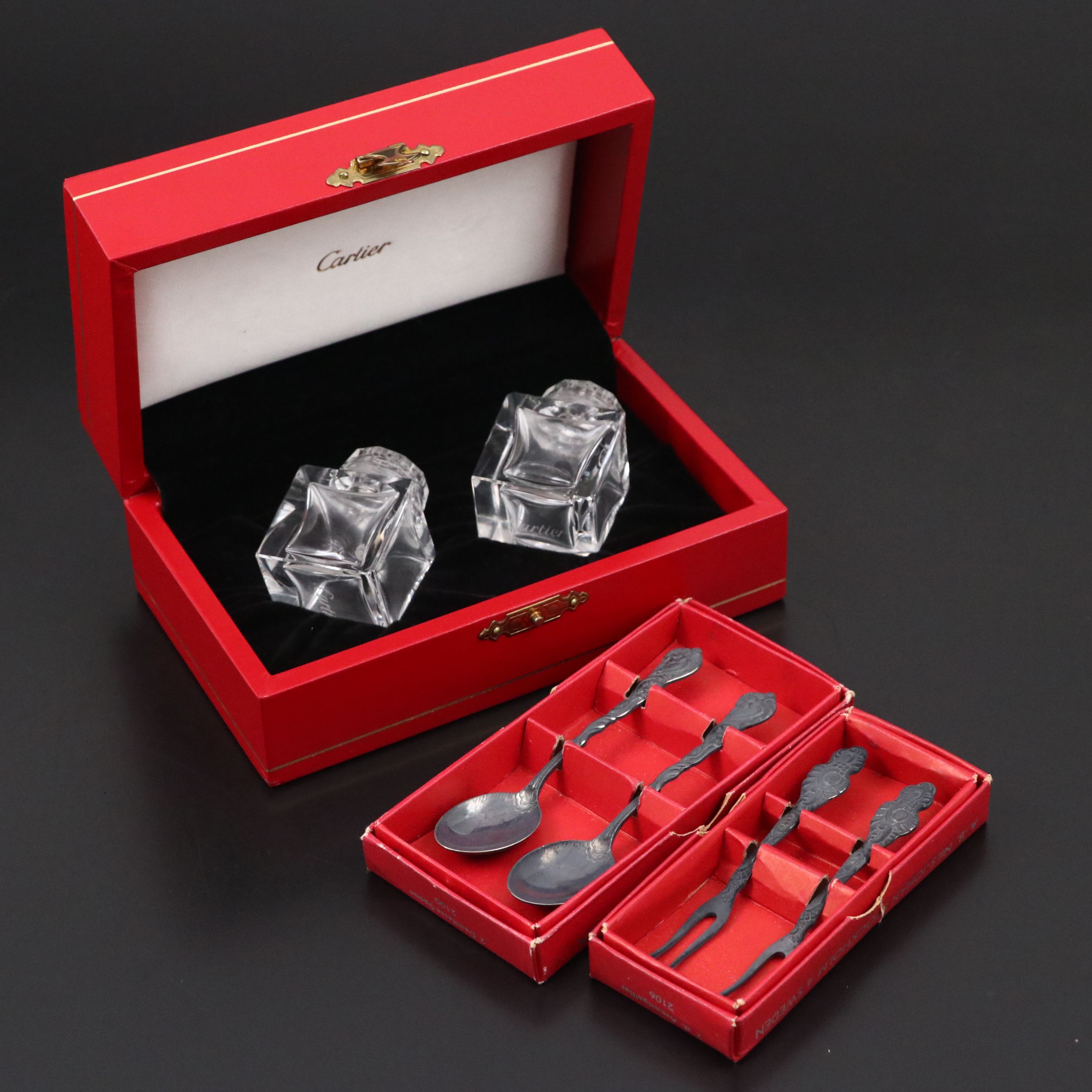 Cartier Crystal Shakers with Nils-Johan Swedish Silver Plate Serving Utensils