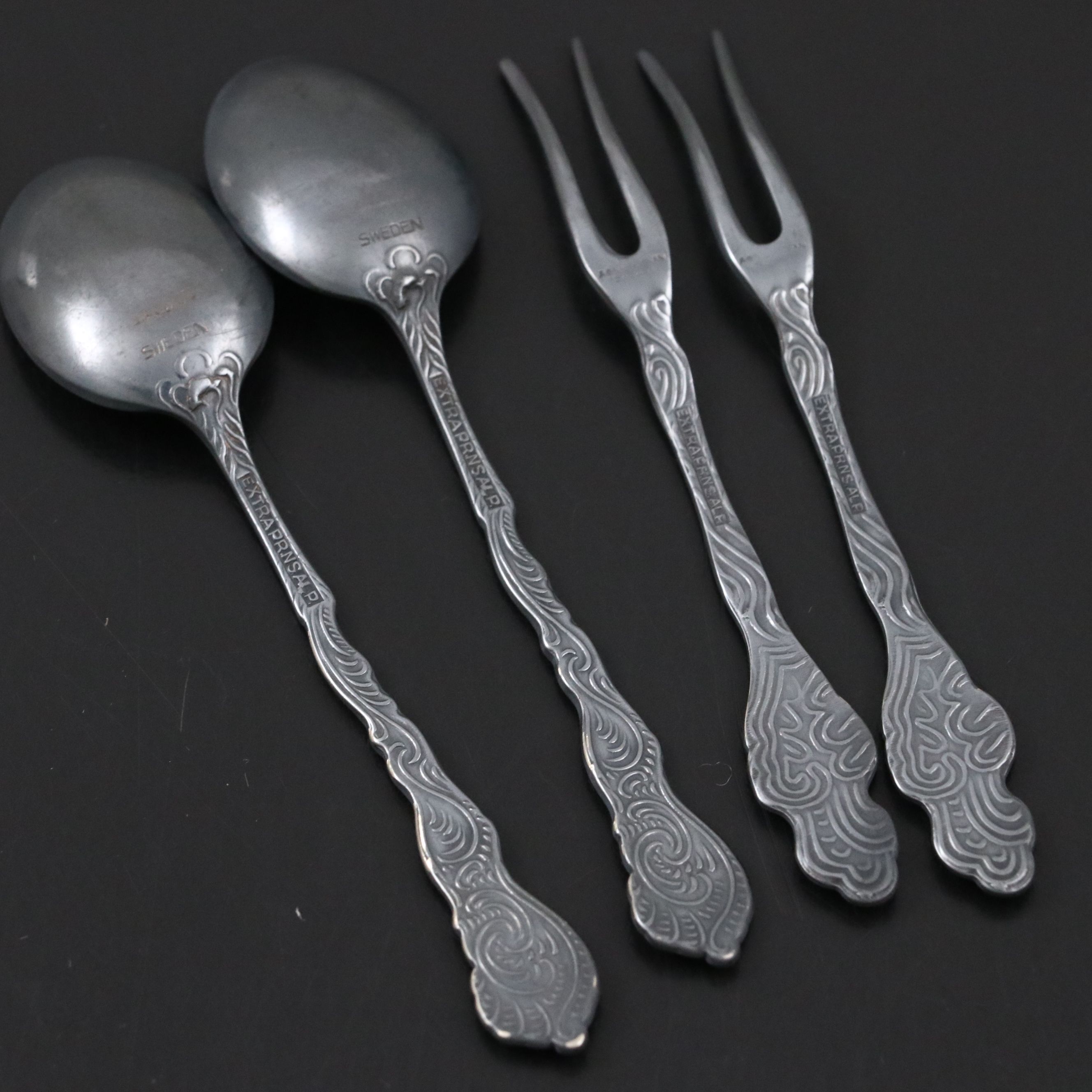 Cartier Crystal Shakers with Nils-Johan Swedish Silver Plate Serving Utensils