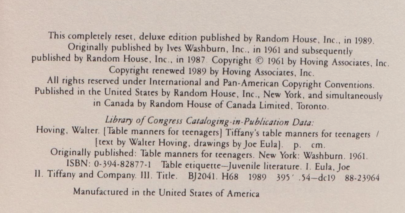 50th Anniversary Edition "Tiffany's Table Manners for Teenagers" by W. Hoving