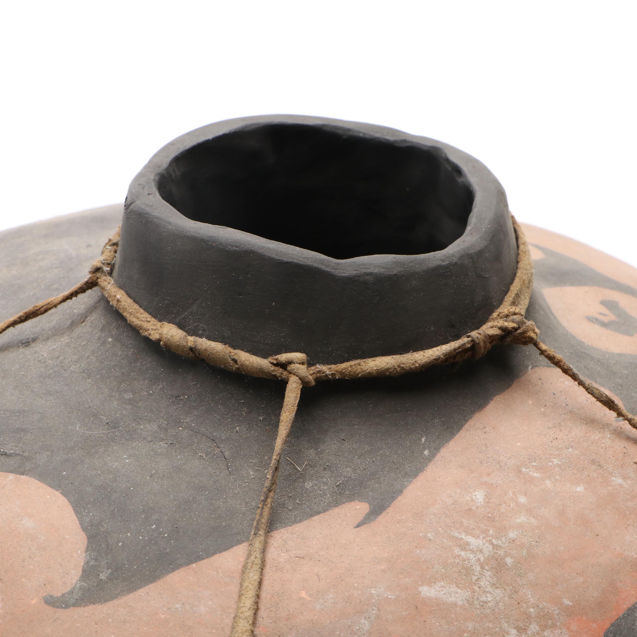 Handmade Terracotta Vessel in Painted Wave Pattern with Leather Carrier