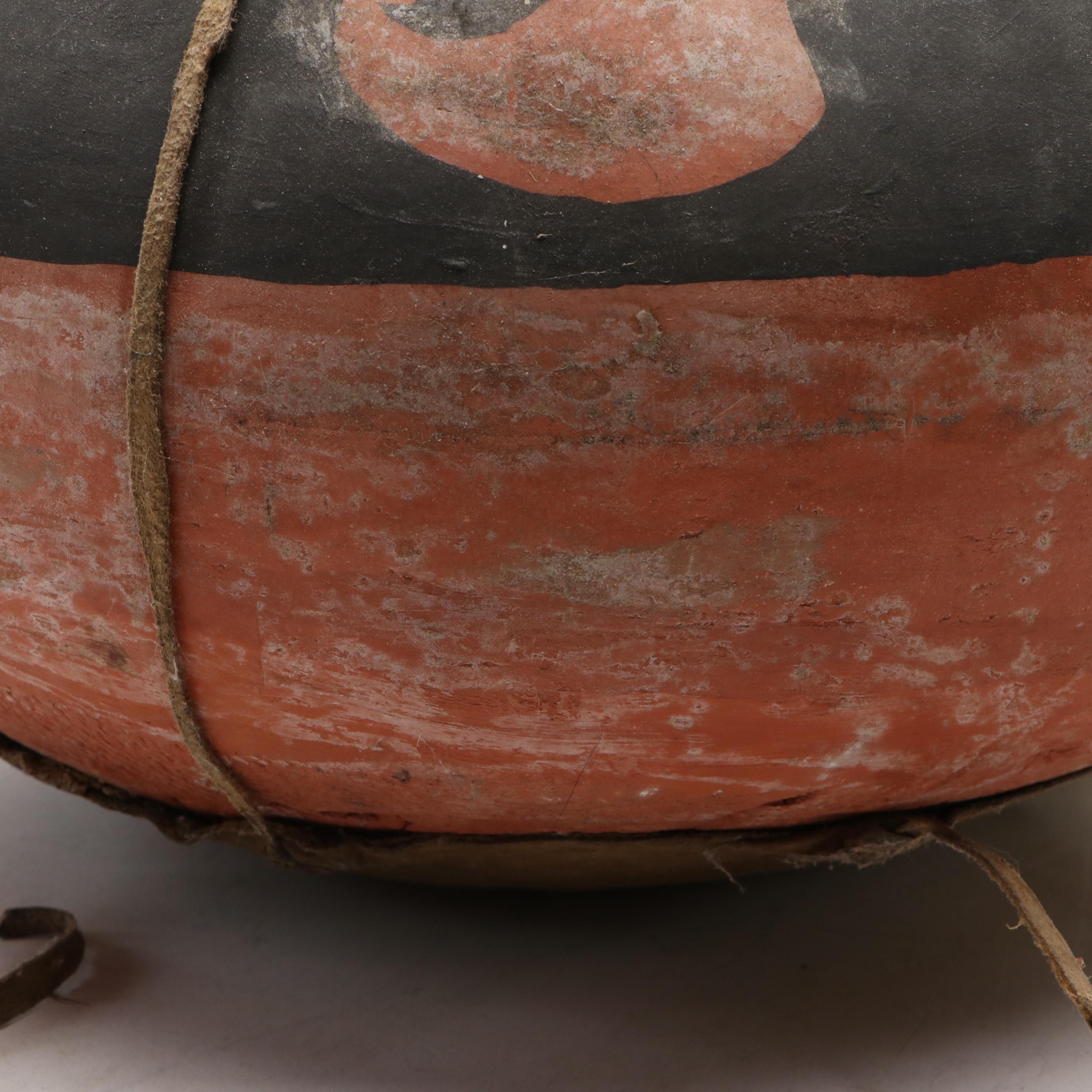 Handmade Terracotta Vessel in Painted Wave Pattern with Leather Carrier