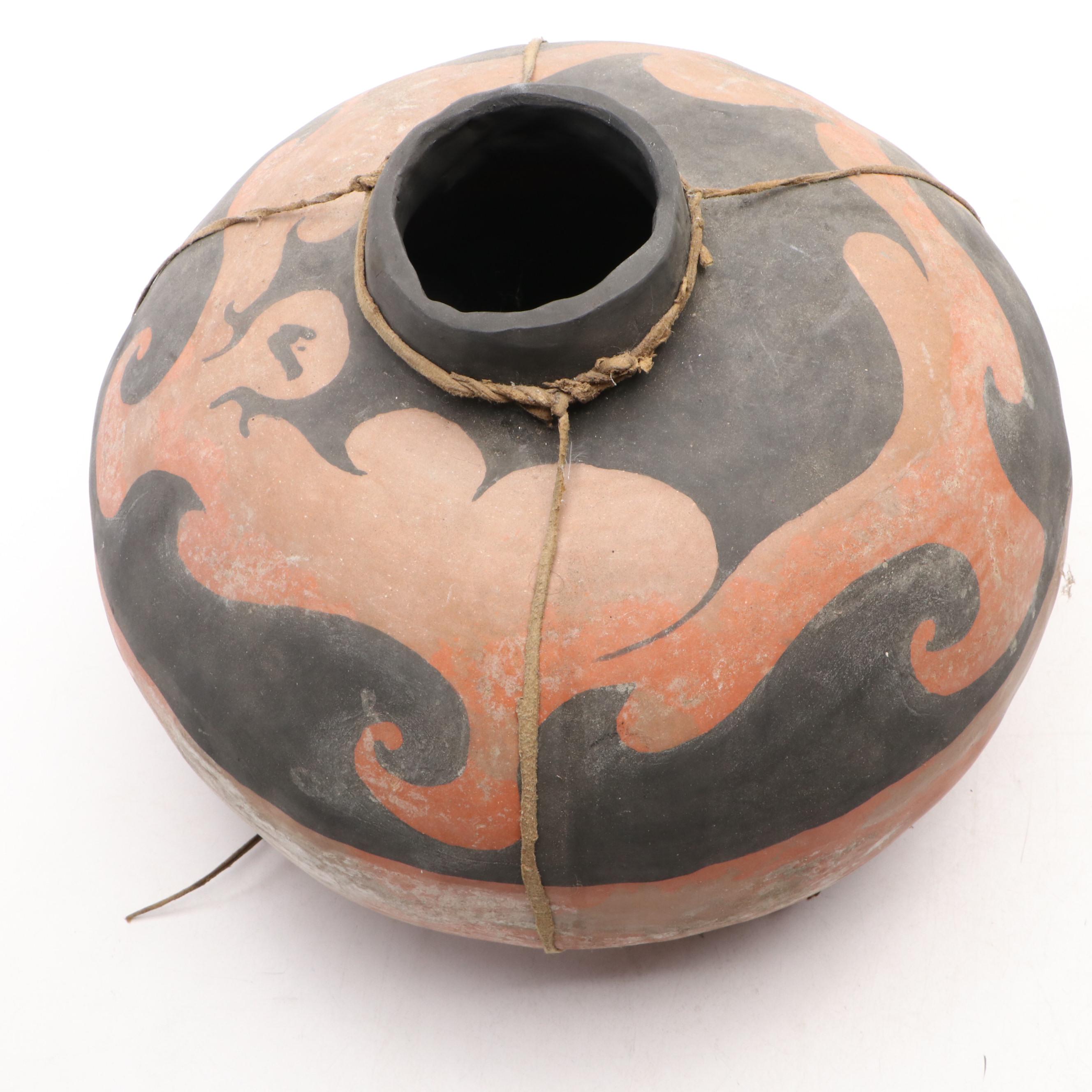 Handmade Terracotta Vessel in Painted Wave Pattern with Leather Carrier