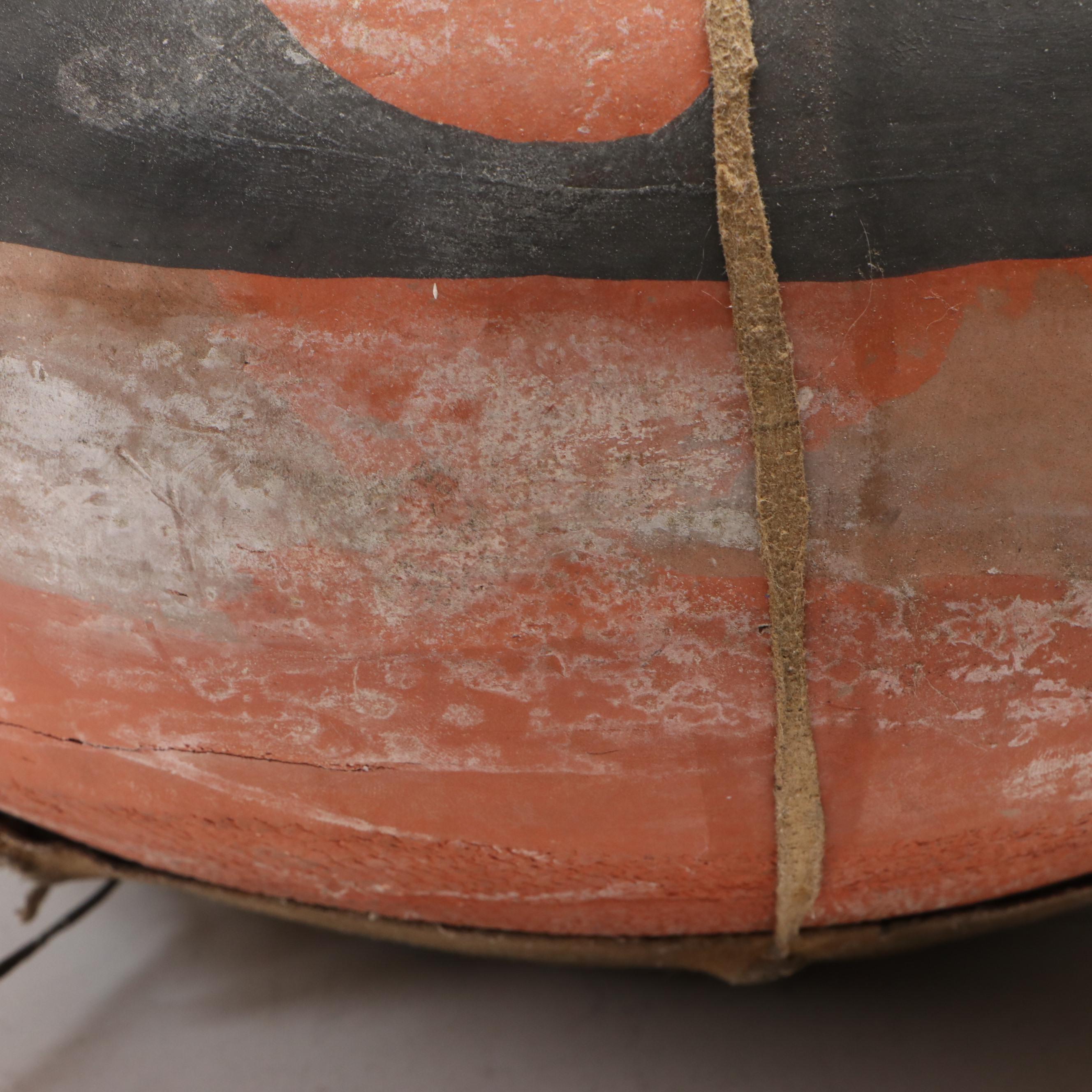 Handmade Terracotta Vessel in Painted Wave Pattern with Leather Carrier